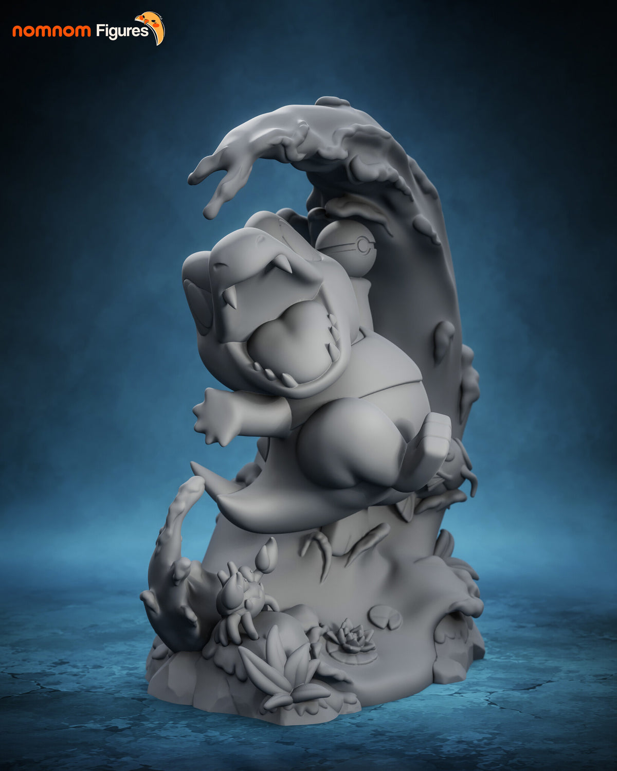 Sculptor's render (kit ships unpainted): gray view from the left looking up along the open jaw and the outstretched arm