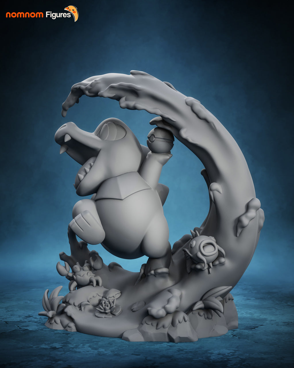 Sculptor's render (kit ships unpainted): gray view from the right with the fish on the wave and the ball in the raised hand