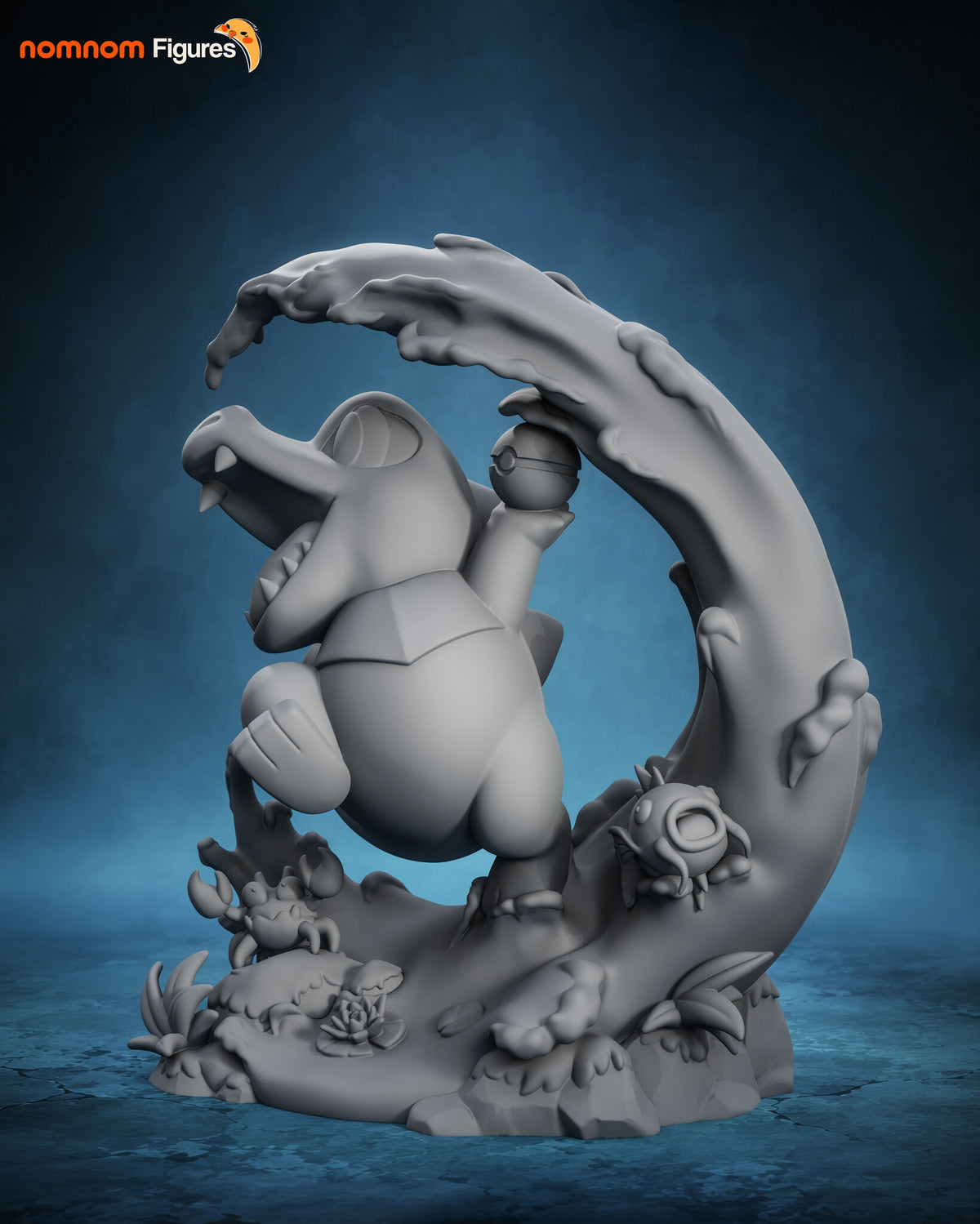 Sculptor's render (kit ships unpainted): gray view from the right with the fish on the wave and the ball in the raised hand
