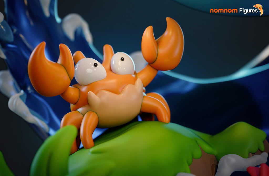 Sculptor's render (kit ships unpainted): close-up of the small orange crab with raised claws on its grass mound