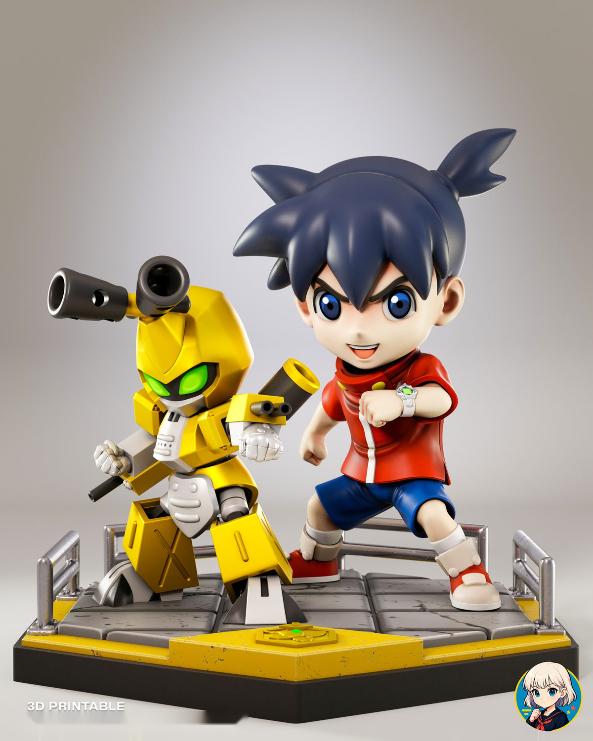 Sculptor's render of the painted design (kit ships unpainted): front three-quarter view of the chibi boy and yellow robot in fighting stances on the railed tile arena base