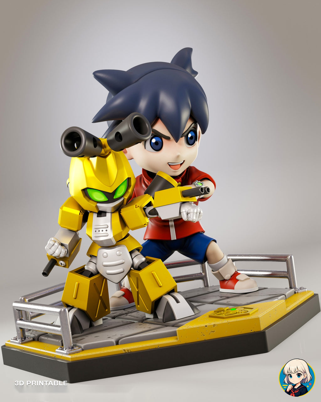 Sculptor's render (kit ships unpainted): front view square to the robot, with its head cannons, chest vent and box-shaped shins, the boy behind
