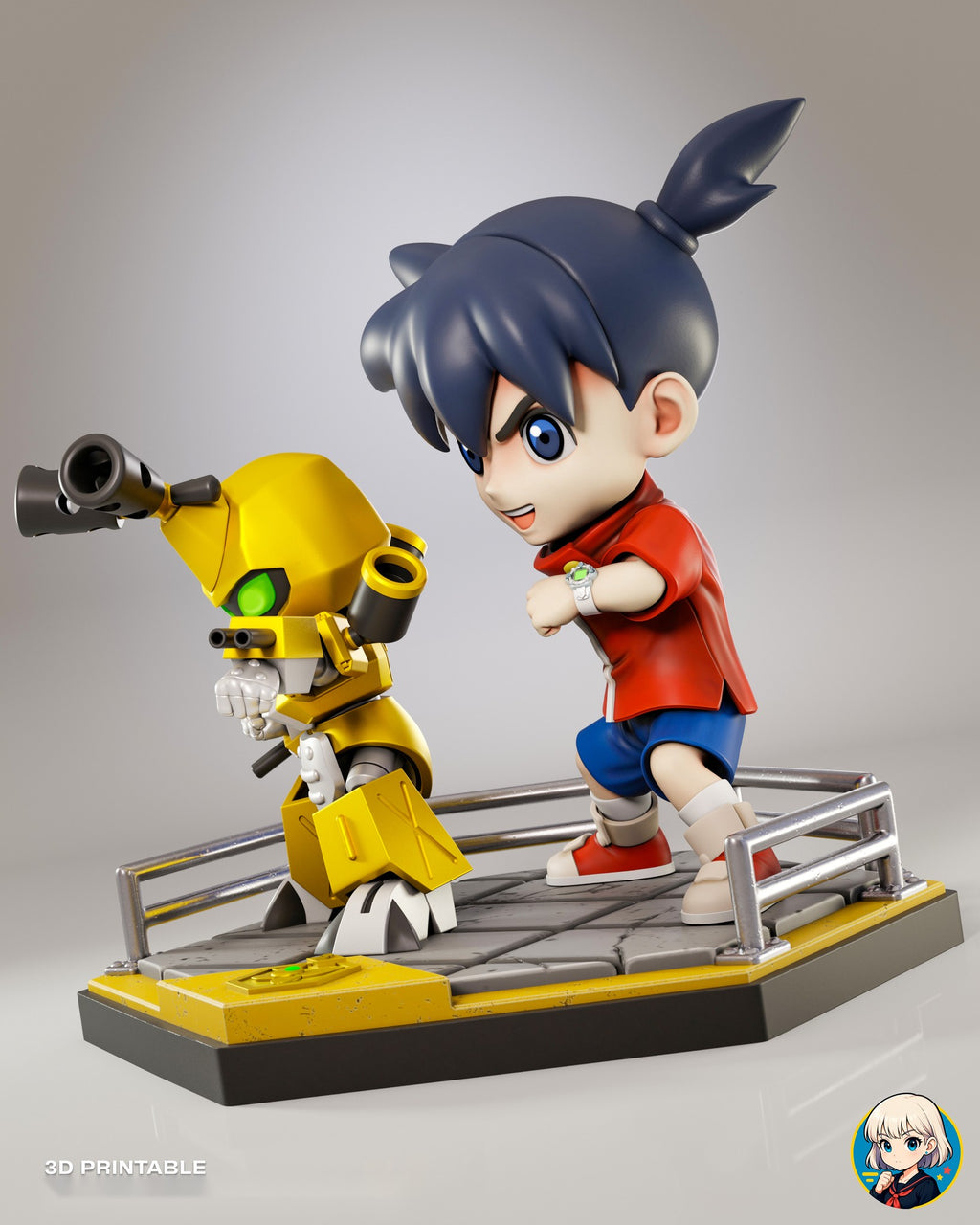 Sculptor's render (kit ships unpainted): side view of both figures in matching stances, with the boy's ponytail and the robot's head cannon