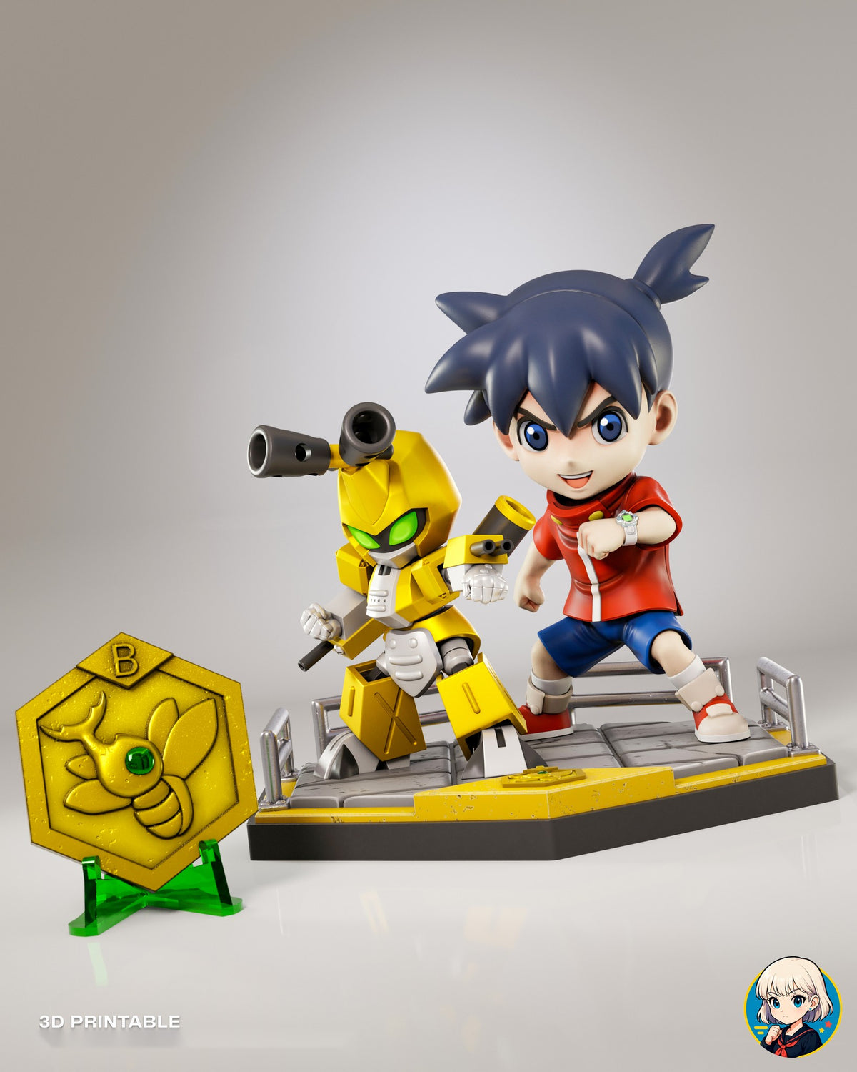 Sculptor's render (kit ships unpainted): the gold hexagon medal on its green stand beside the arena base