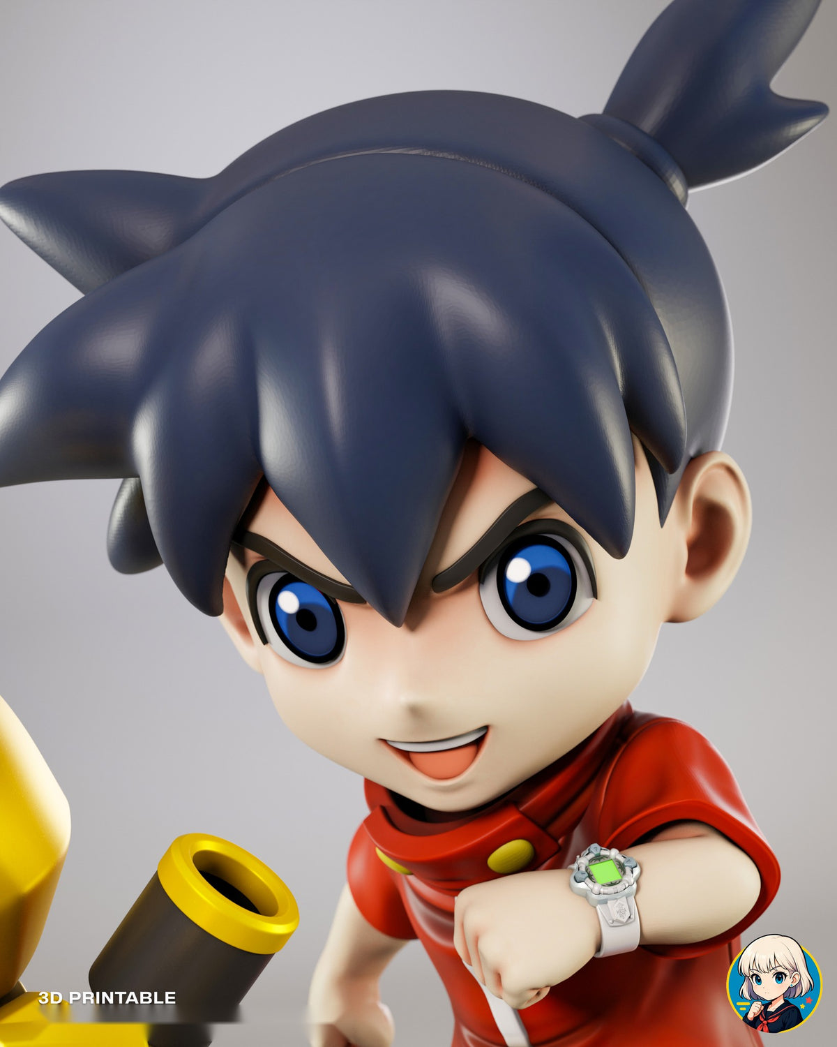 Sculptor's render (kit ships unpainted): close-up of the boy's grinning face, navy spiked hair and wristwatch