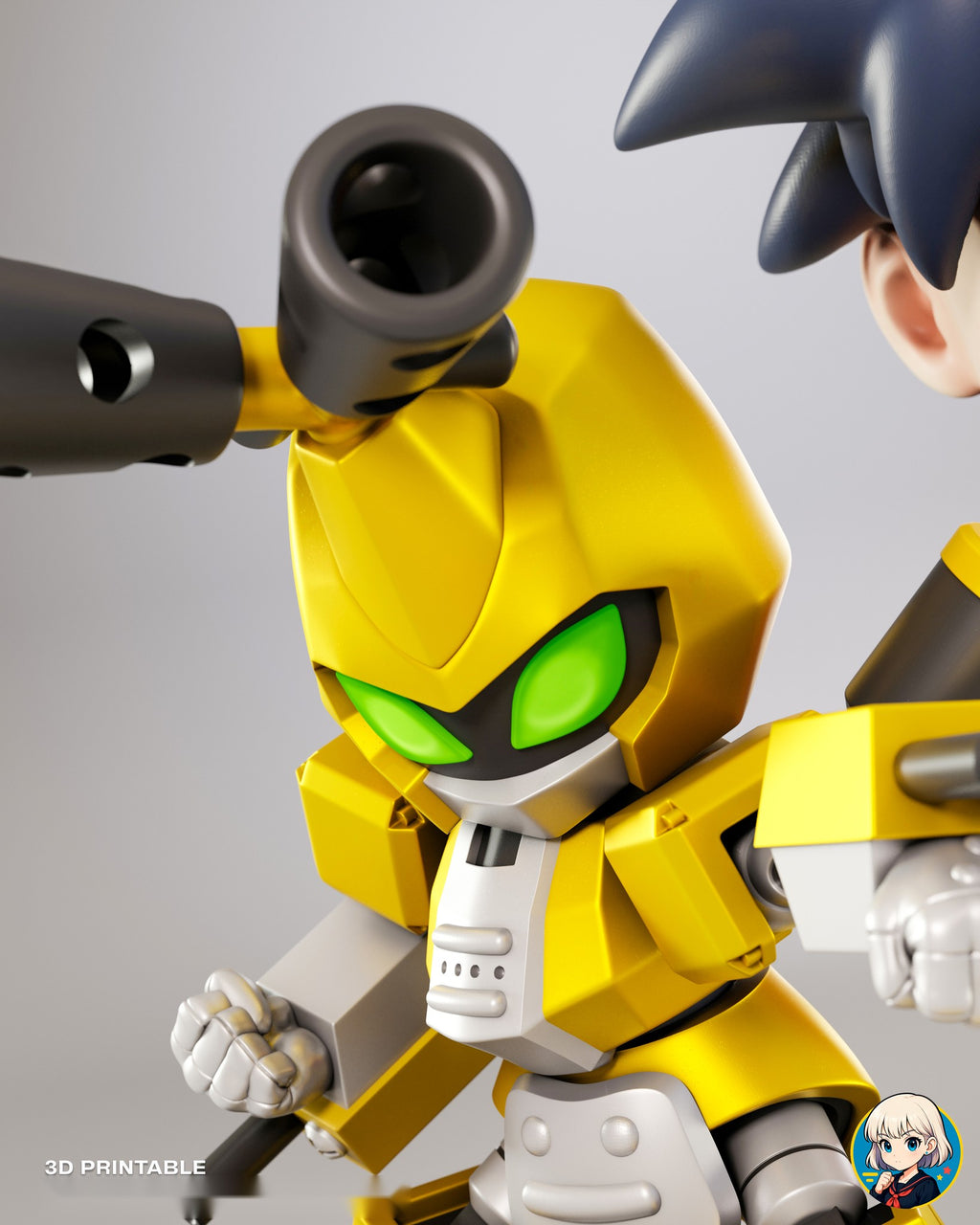Sculptor's render (kit ships unpainted): close-up of the robot's yellow helmet, green eyes and dark head cannons