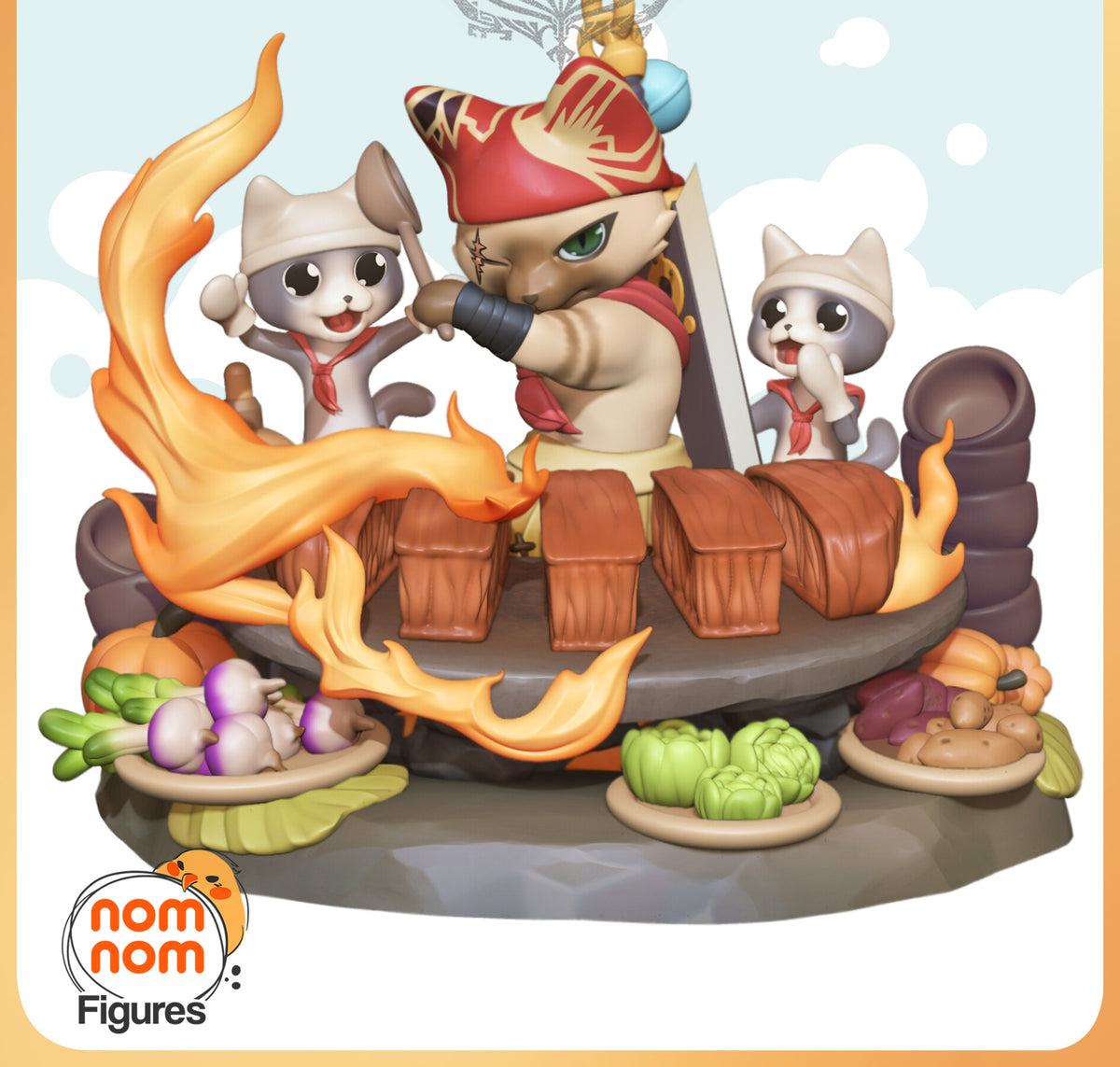 Sculptor's render of the painted design (kit ships unpainted): the cat chef in a red cap grilling meat on a stone table, a cheering cat helper on each side, flames on the left and plates of vegetables around the base