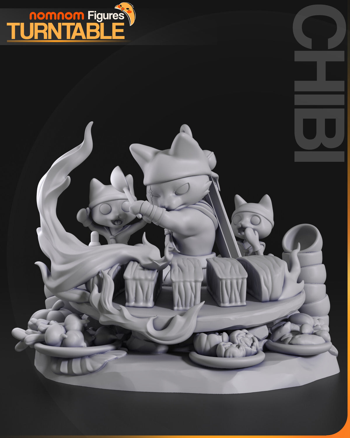 Sculptor's render (kit ships unpainted): unpainted gray front view from the left, with the long flame tongue and the flames along the table rim