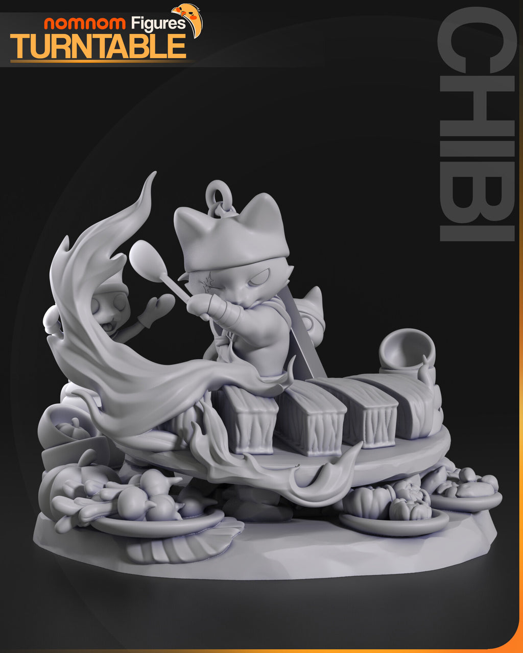 Sculptor's render (kit ships unpainted): gray view from the left side, the spoon raised in profile and the flame in front of the cheering helper