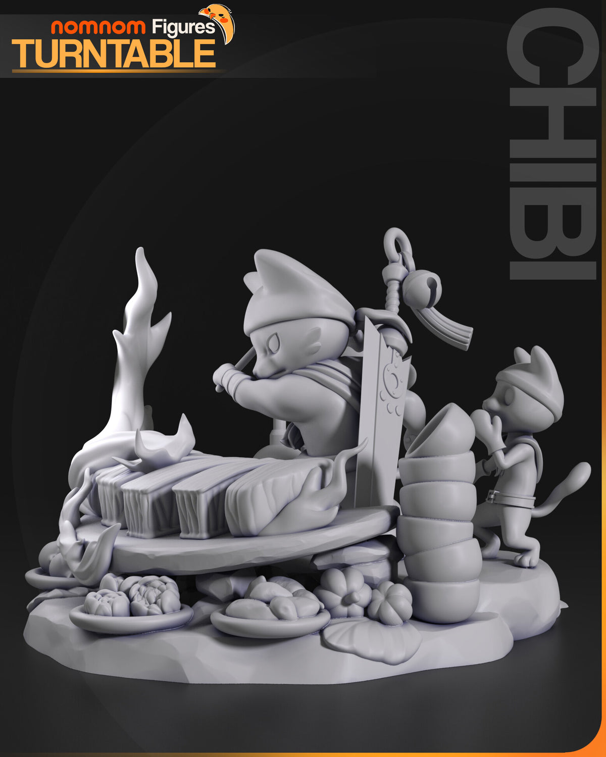 Sculptor's render (kit ships unpainted): gray view from the right side, showing the whole sword with its paw-print blade, bell and tassel standing behind the chef