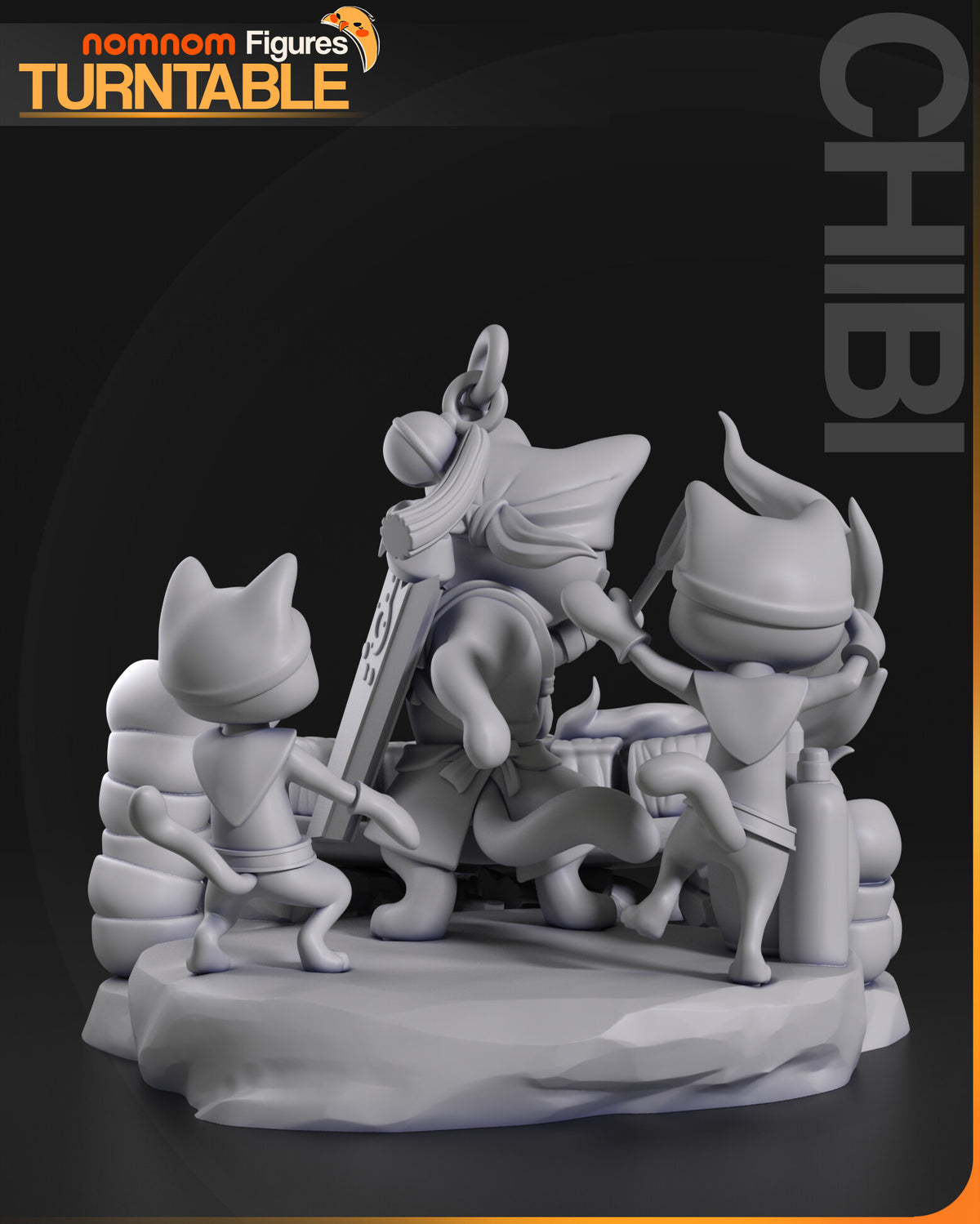 Sculptor's render (kit ships unpainted): gray rear view of the three cats' backs and tails, the bowl stacks and the bottle