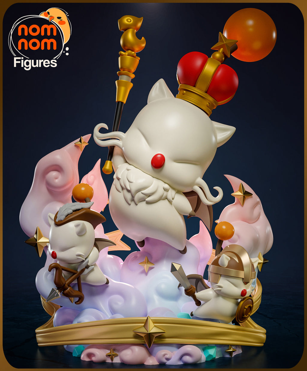 Sculptor's render of the painted design (kit ships unpainted): the crowned white king floating above pastel clouds with a gold staff, an archer and a knight on the clouds below, gold ribbon around the base
