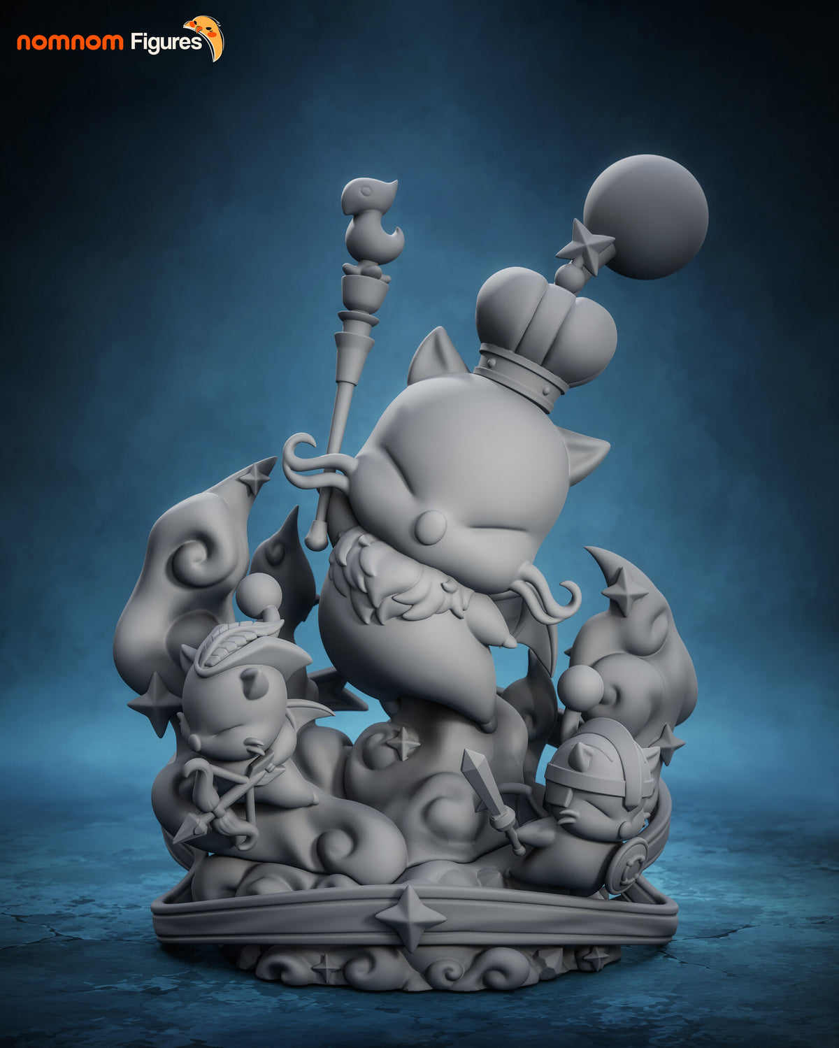 Sculptor's render (kit ships unpainted): unpainted gray front view of the whole scene, showing the fur ruff, cloud swirls and stars