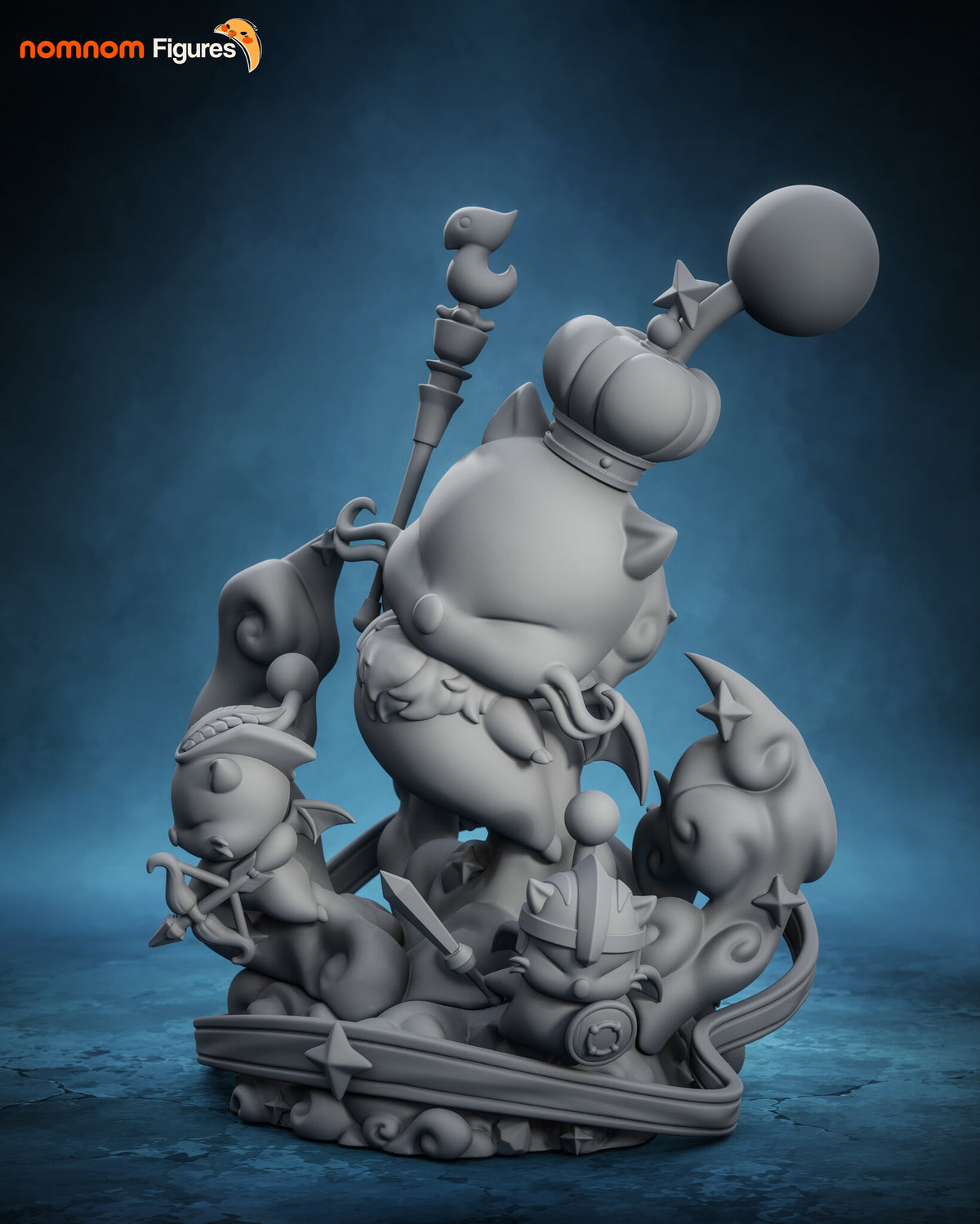 Sculptor's render (kit ships unpainted): gray three-quarter view from the front left, the staff crossing the king's wing and the archer's bow from the side