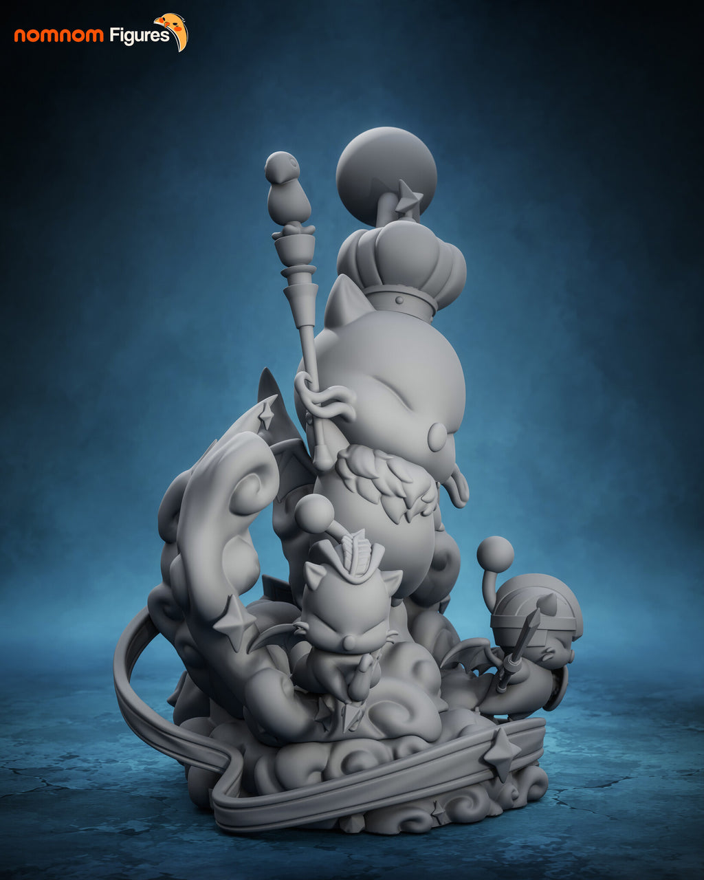 Sculptor's render (kit ships unpainted): gray view from the left, with the cloud plumes rising behind the king and the knight's helmet