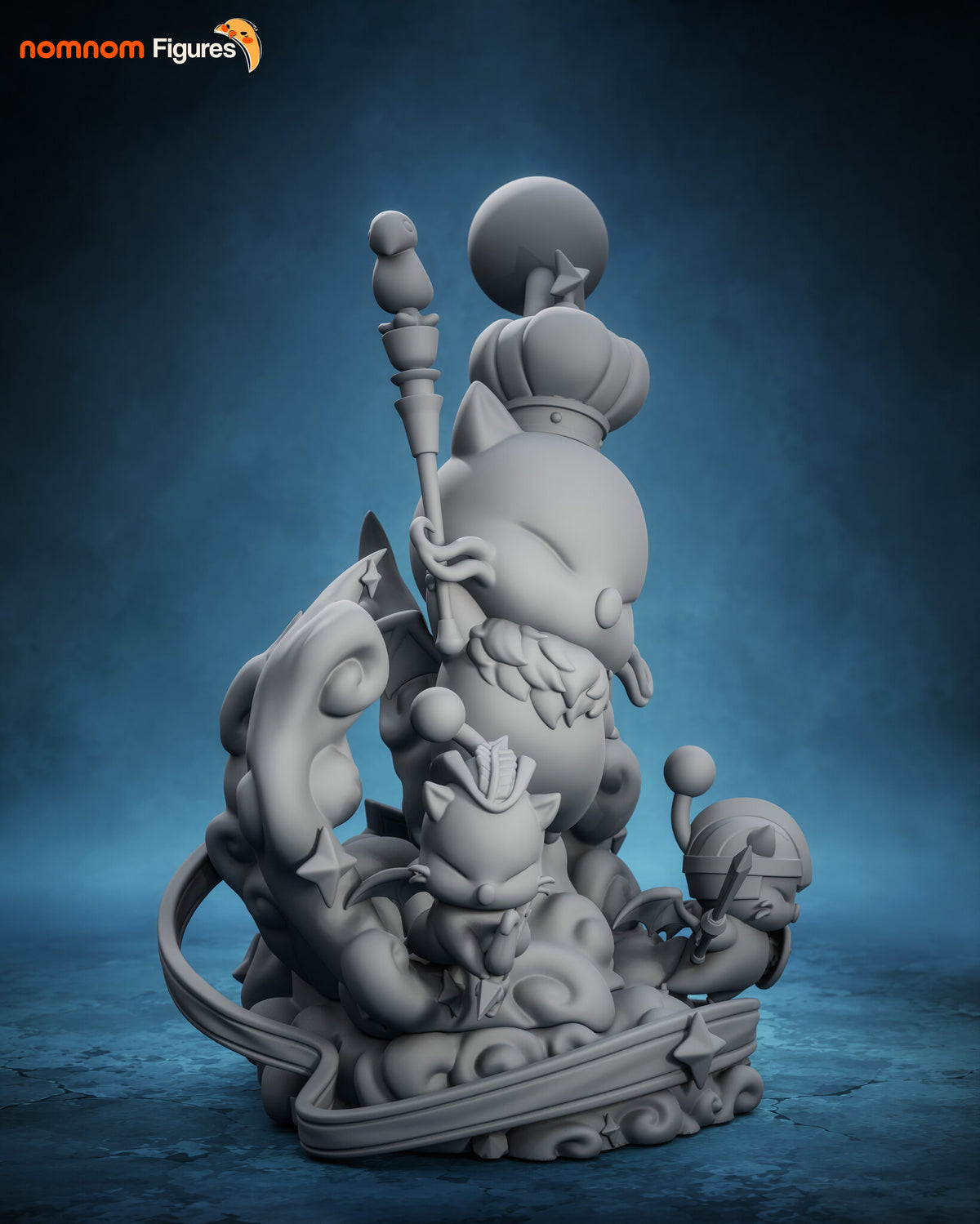 Sculptor's render (kit ships unpainted): gray view from the left, with the cloud plumes rising behind the king and the knight's helmet