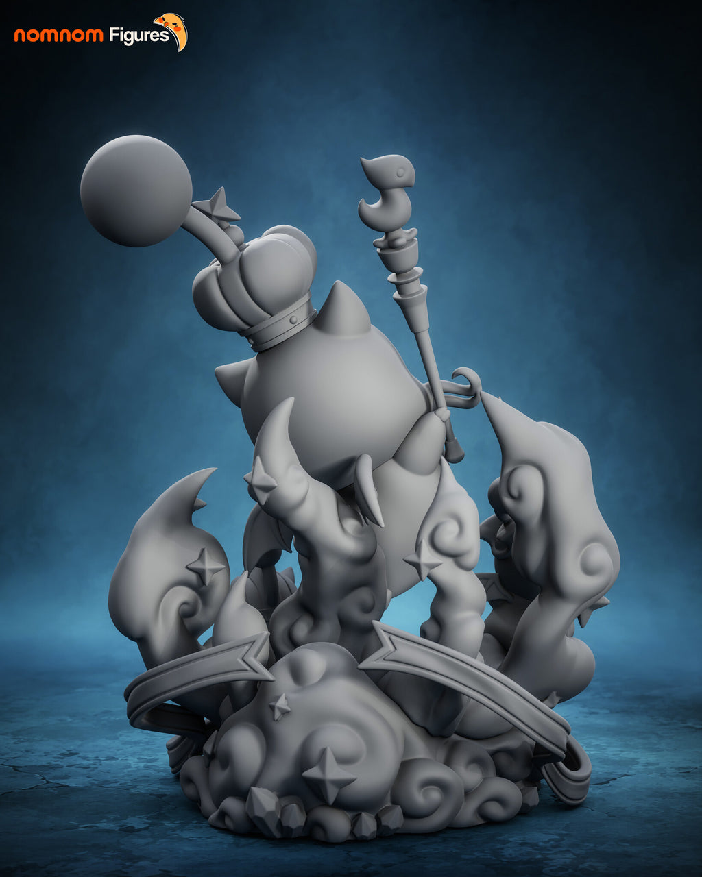 Sculptor's render (kit ships unpainted): gray rear view of the king's back and wings, the backs of the cloud plumes and the curled ribbon ends