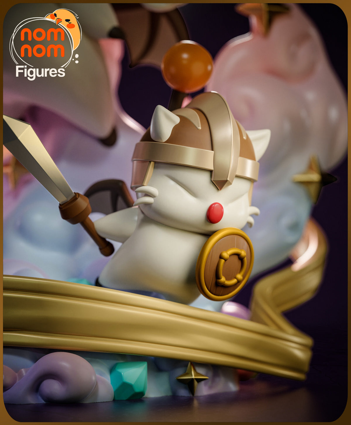 Sculptor's render (kit ships unpainted): close-up of the knight in a bronze helmet raising a sword, with a round wooden shield