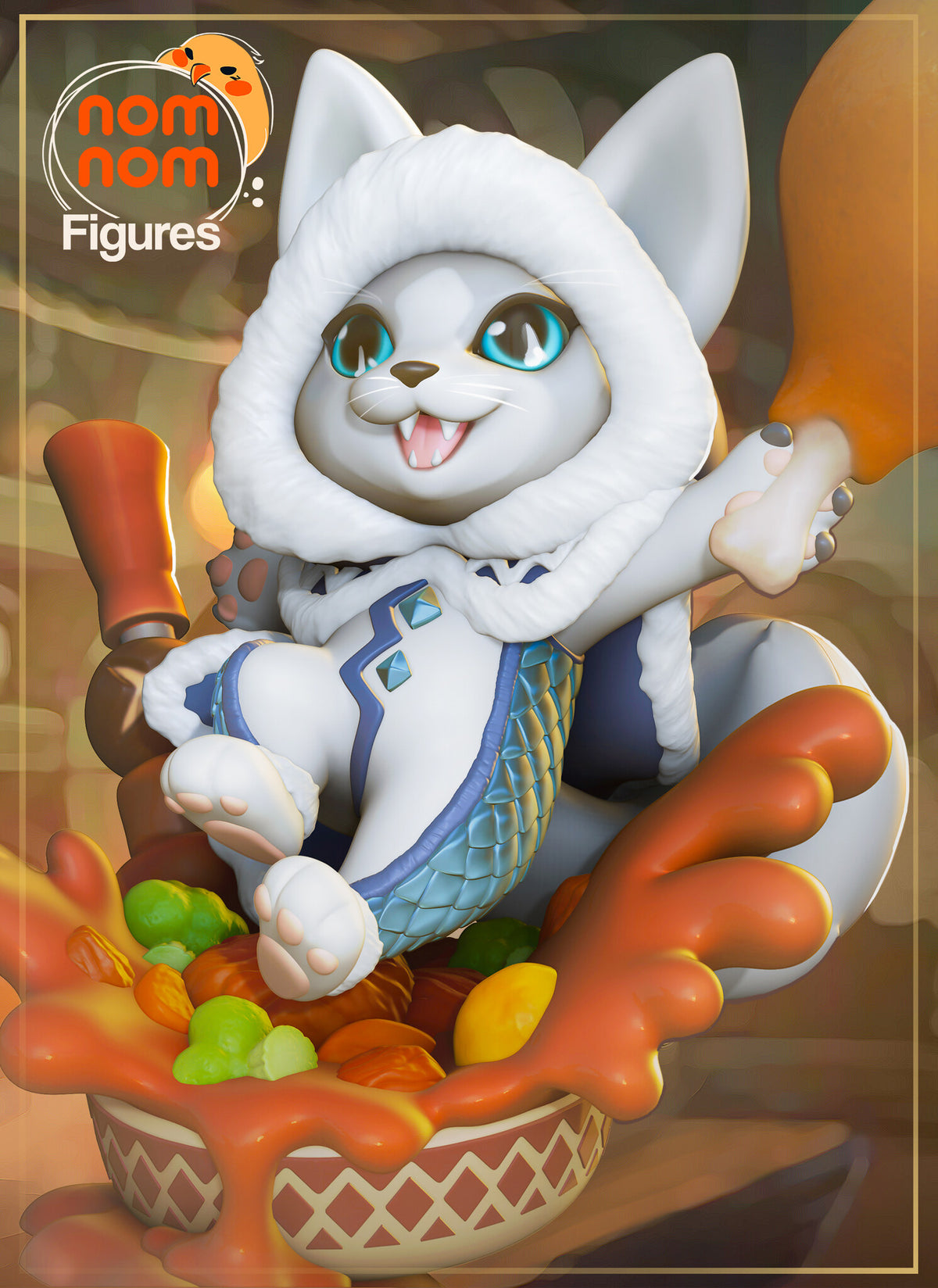 Sculptor's render of the painted design (kit ships unpainted): the chibi cat in a white fur hood waving a roast drumstick, standing in a bowl of stew with orange sauce splashing out