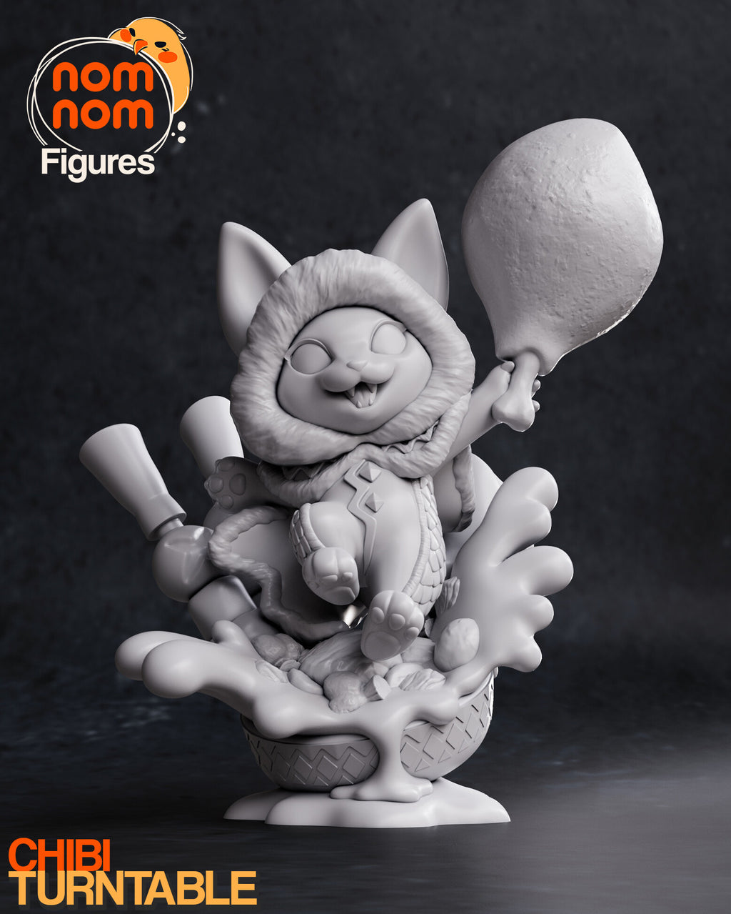 Sculptor's render (kit ships unpainted): gray front view with the drumstick raised, one foot kicked forward and the sauce splashing out of the bowl