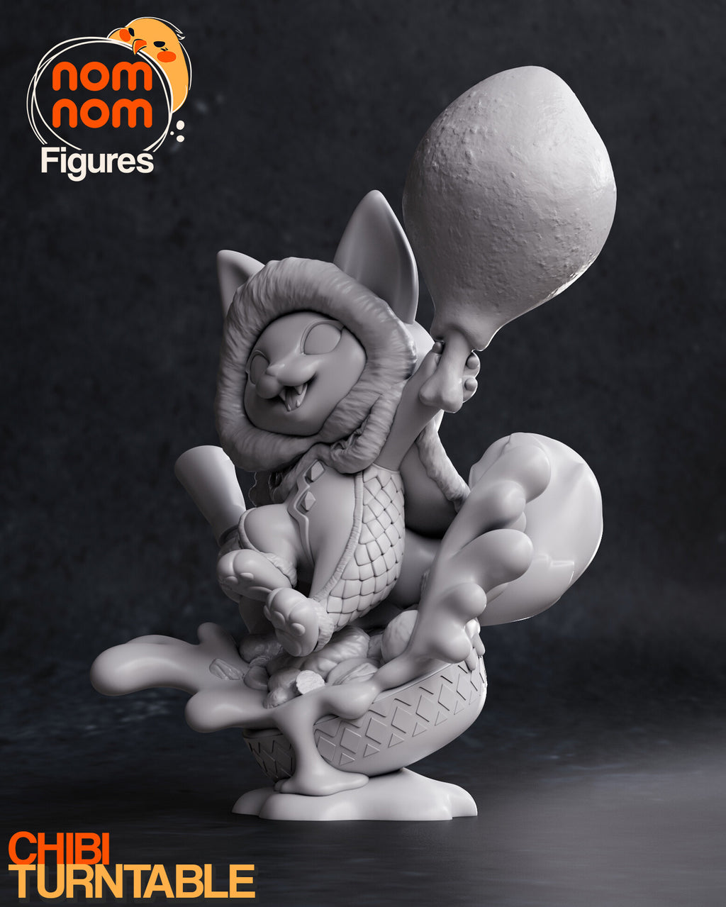Sculptor's render (kit ships unpainted): gray view from the drumstick side, the tail curling up behind