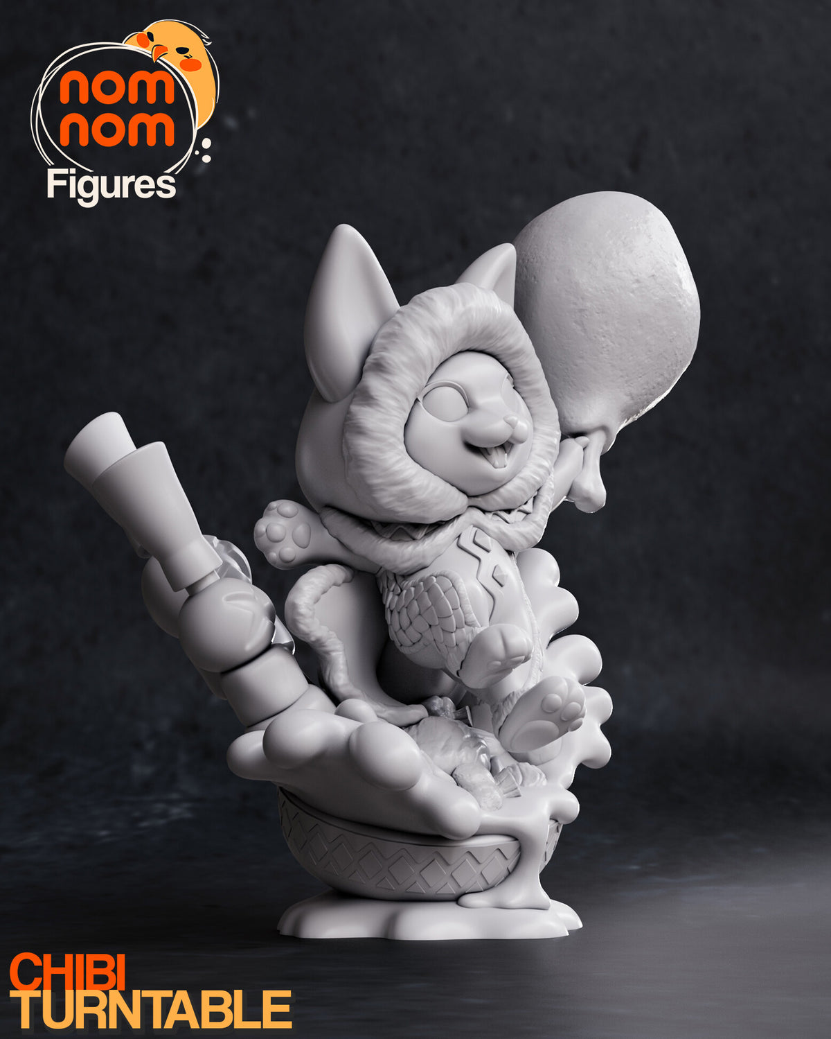 Sculptor's render (kit ships unpainted): gray view from the skewer side, with the open paw, the rope loop and the two skewers