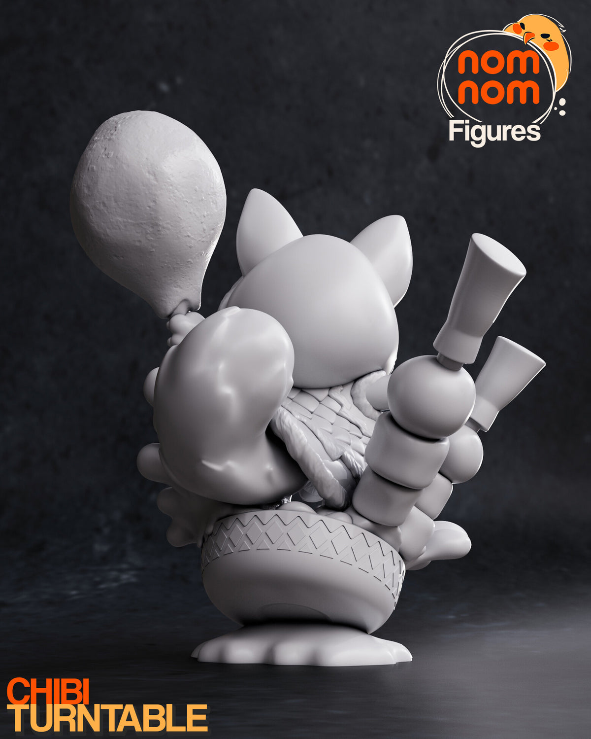Sculptor's render (kit ships unpainted): gray rear view of the hood, the fluffy tail, the skewers and the lattice band on the bowl