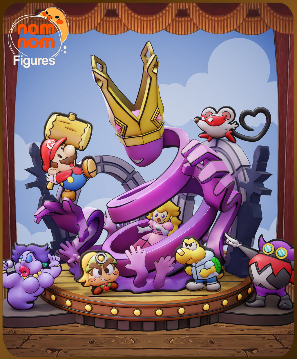Sculptor's render of the painted design (kit ships unpainted): the whole stage scene: a crowned purple ribbon queen coiled around a princess, with the mallet-swinging hero, a masked mouse and the rest of the paper-style cast around her on a riveted wooden stage