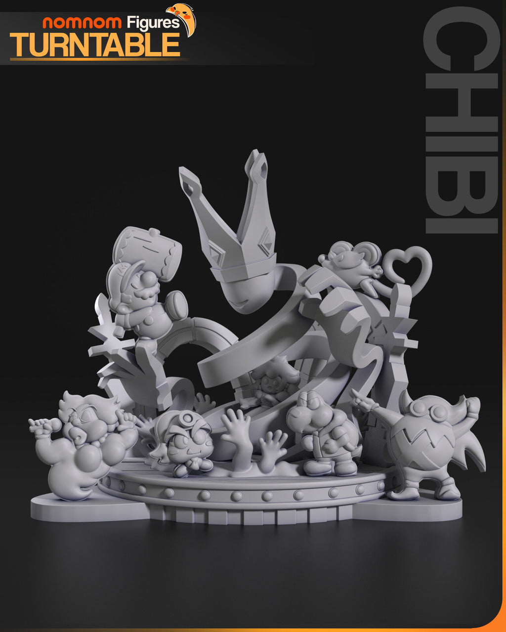 Sculptor's render (kit ships unpainted): gray front view of the full diorama with all eight characters and the stone arches