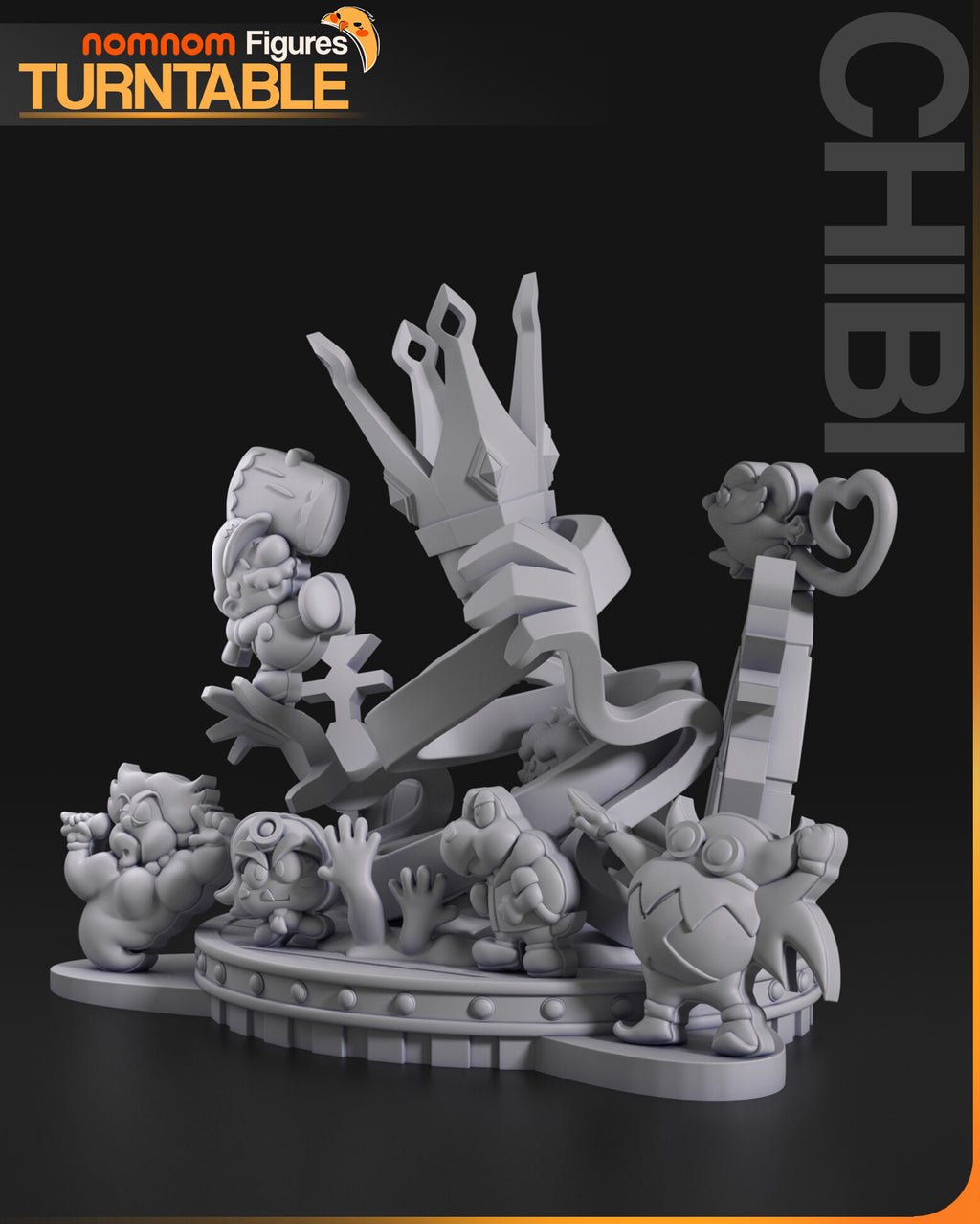 Sculptor's render (kit ships unpainted): gray side view showing the twist of the ribbon coils and the mouse perched on the queen's hand