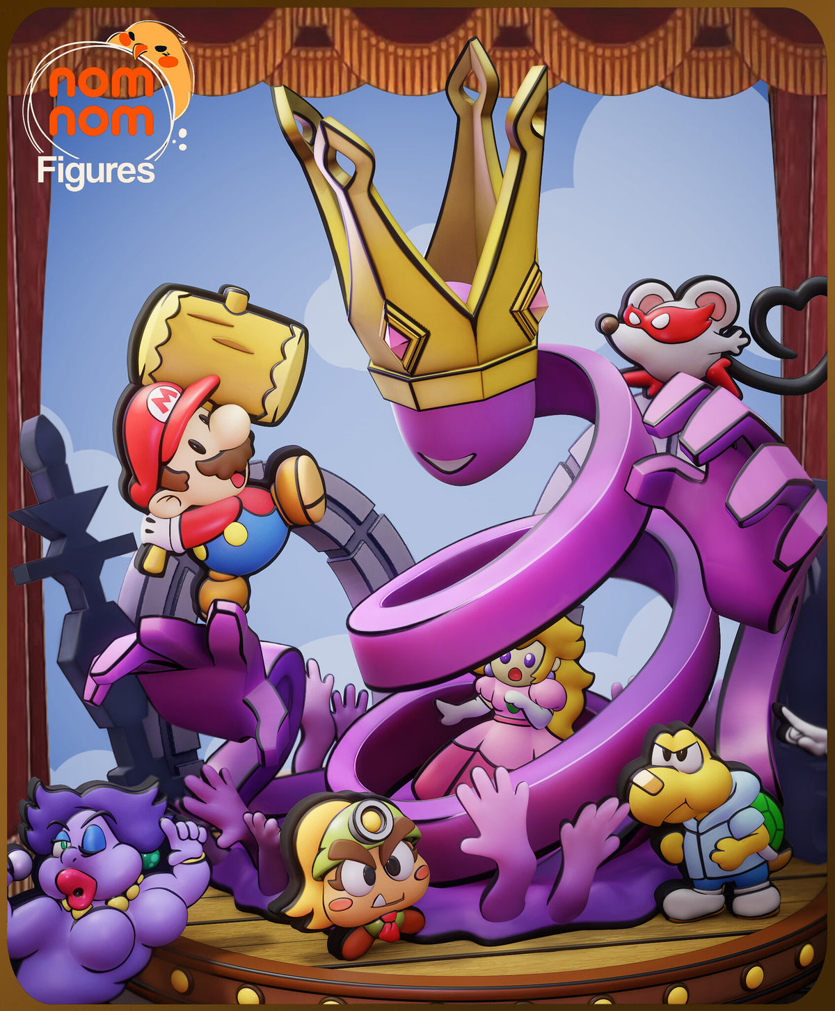 Sculptor's render (kit ships unpainted): closer view of the crown, the coiled ribbon, the hero with his mallet and the characters at the front of the stage