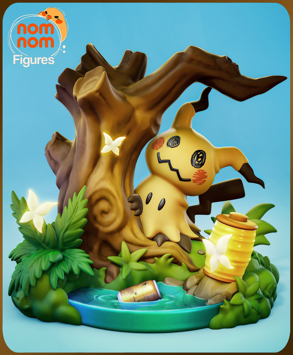 Sculptor's render of the painted design (kit ships unpainted): the yellow rag-disguise creature peeking out from behind a dead tree above a small pool, with a ribbed paper lantern and ferns on the base