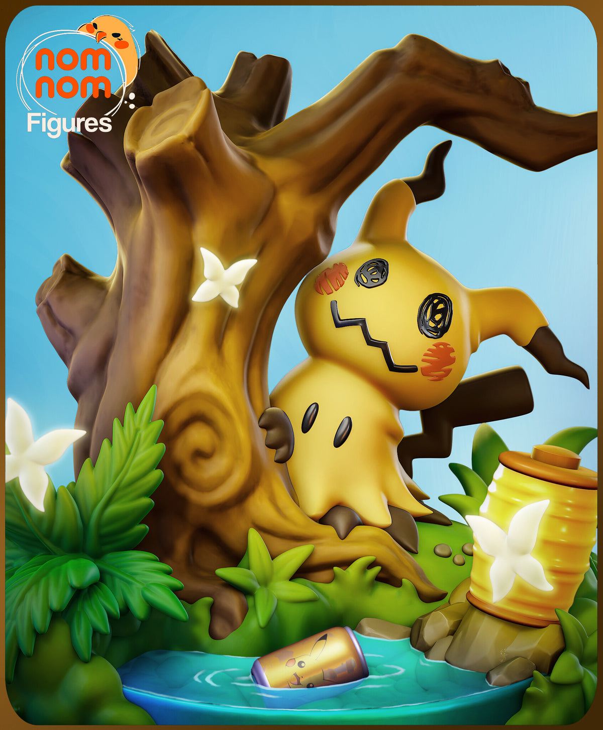 Sculptor's render (kit ships unpainted): closer view of the scribbled face, spiral eyes and claw on the tree trunk, with the lantern in front
