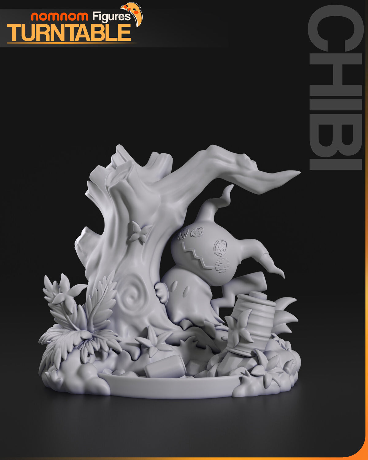 Sculptor's render (kit ships unpainted): unpainted gray front view from the left, showing the fern bank, the pool and the raised lines of the drawn face