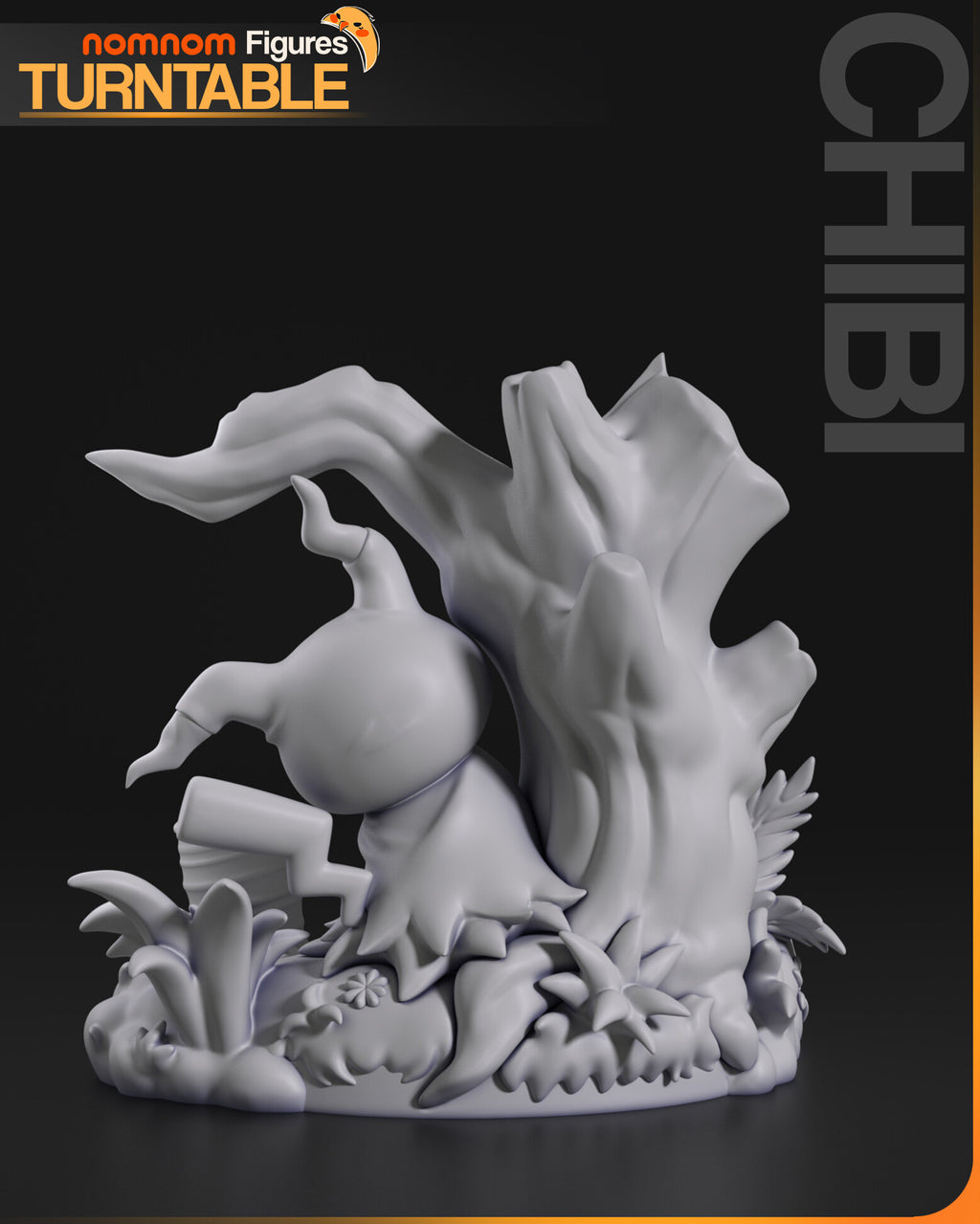 Sculptor's render (kit ships unpainted): gray rear view of the tree trunk with the creature's head and tail peeking around it