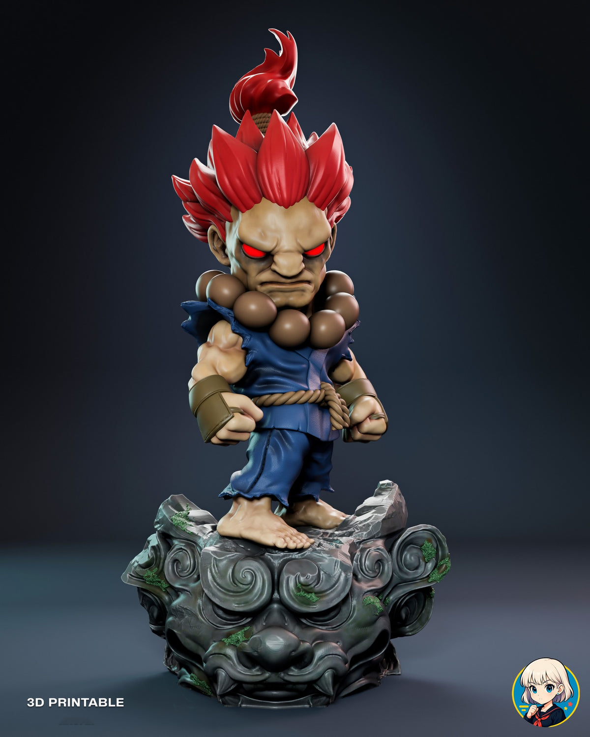 Sculptor's render of the painted design (kit ships unpainted): front view of the brawler standing barefoot on a broken rock slab on top of a carved stone lion head with moss in its curls
