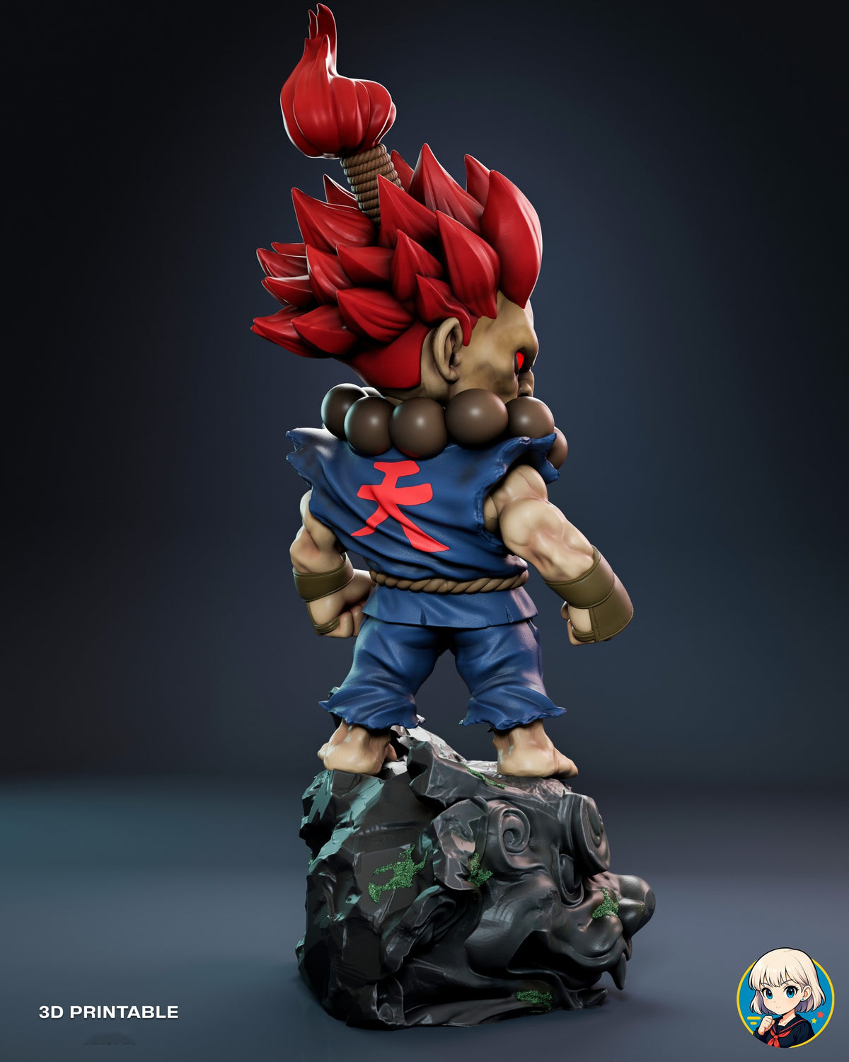 Sculptor's render (kit ships unpainted): back view with the red character on the back of the gi, the bead collar and the rough rock back of the base