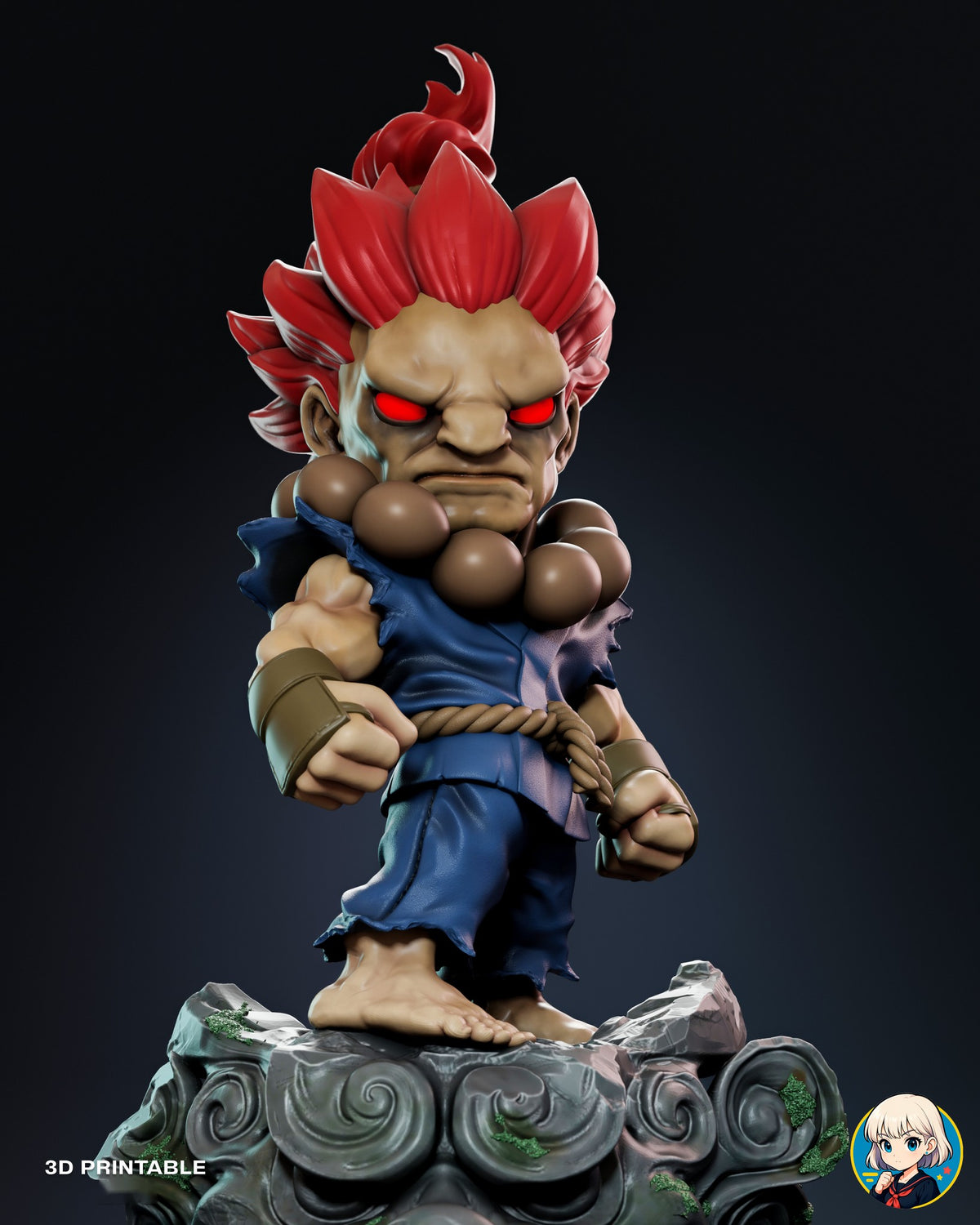 Sculptor's render (kit ships unpainted): low, close view looking up at him, with the violet sheen on the blue gi