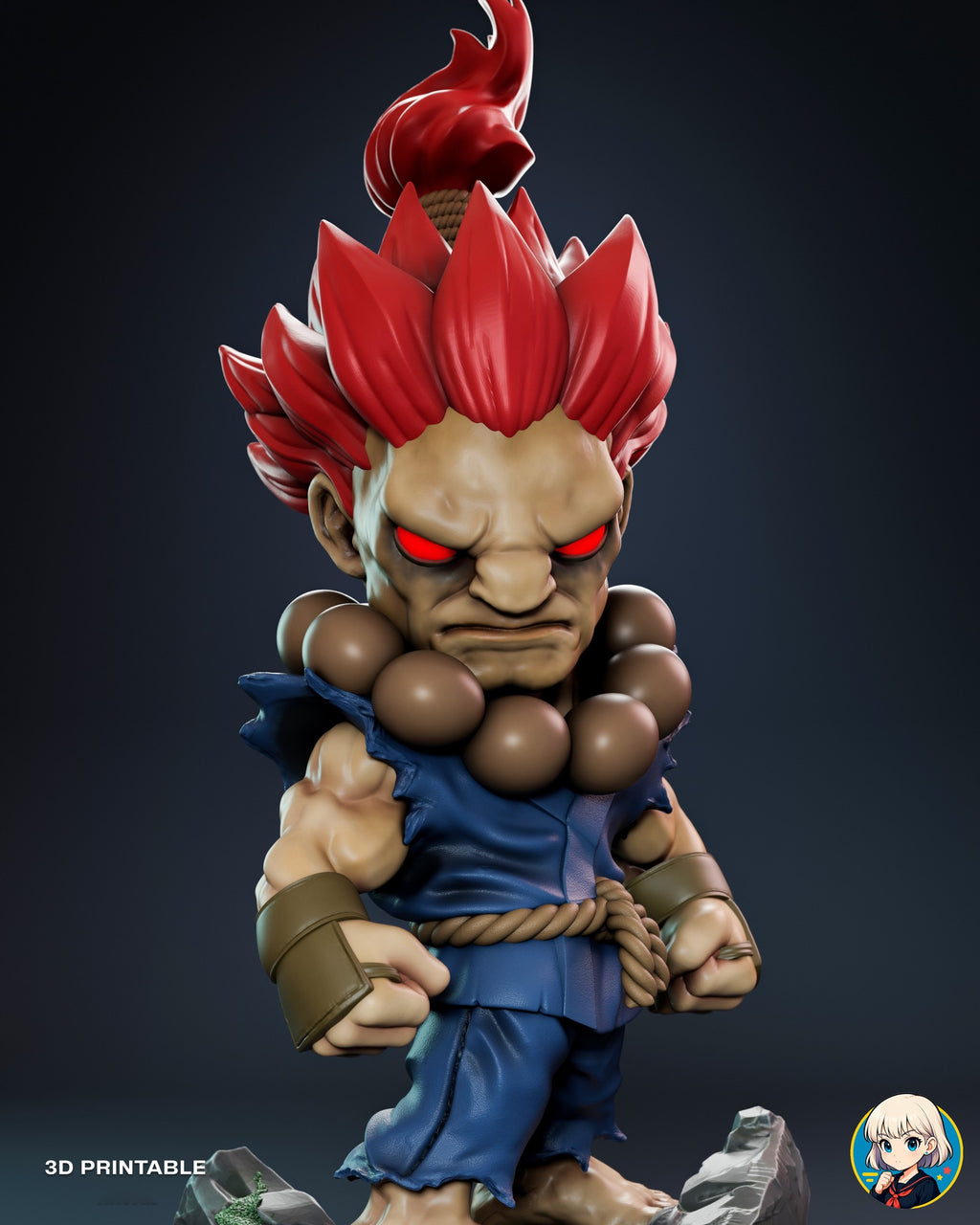 Sculptor's render (kit ships unpainted): close-up of the scowling face with glowing red eyes, red spiked hair and the large brown prayer beads