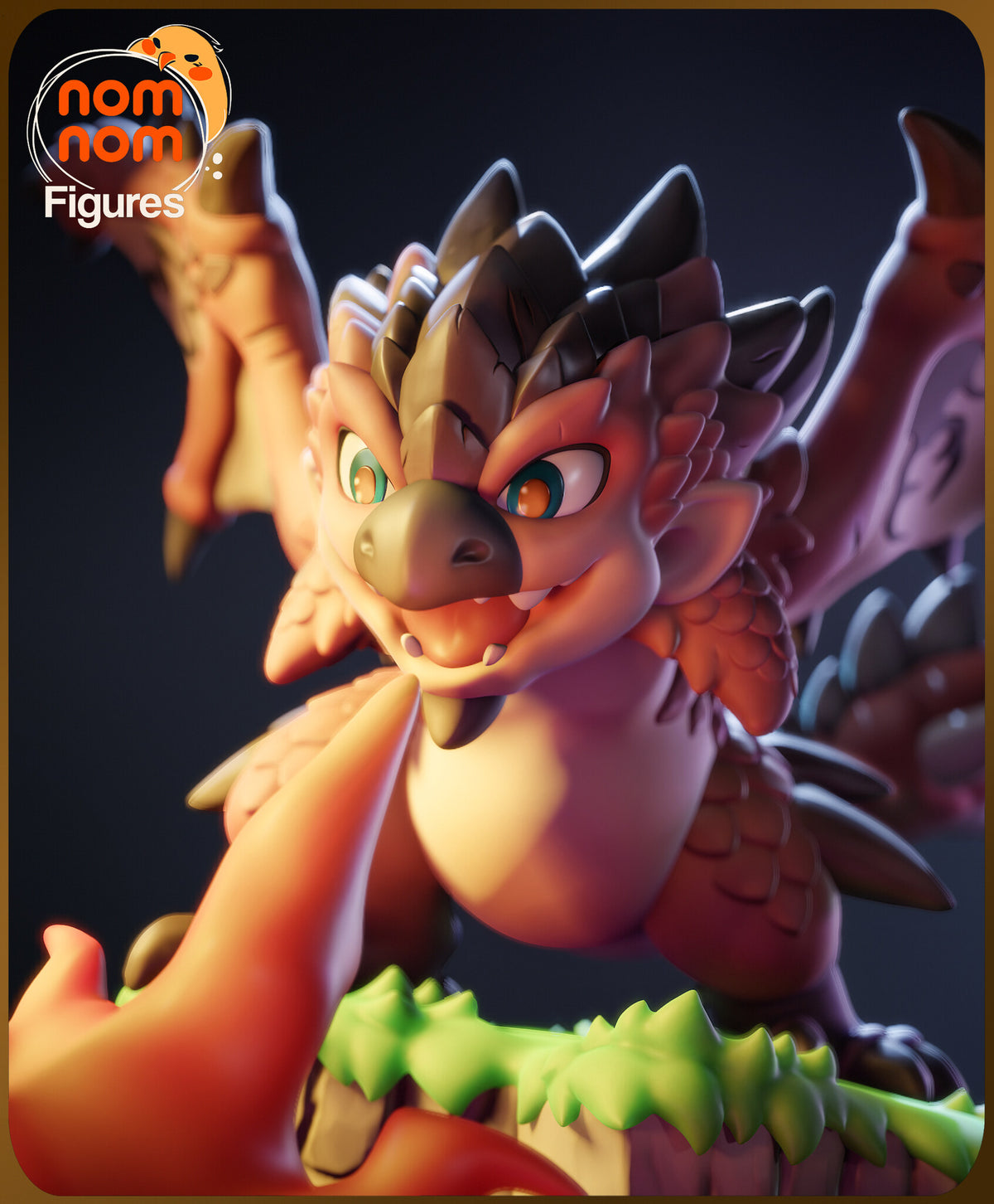 Sculptor's render (kit ships unpainted): close-up of the grinning face with green-and-orange eyes and the dark spiked crest