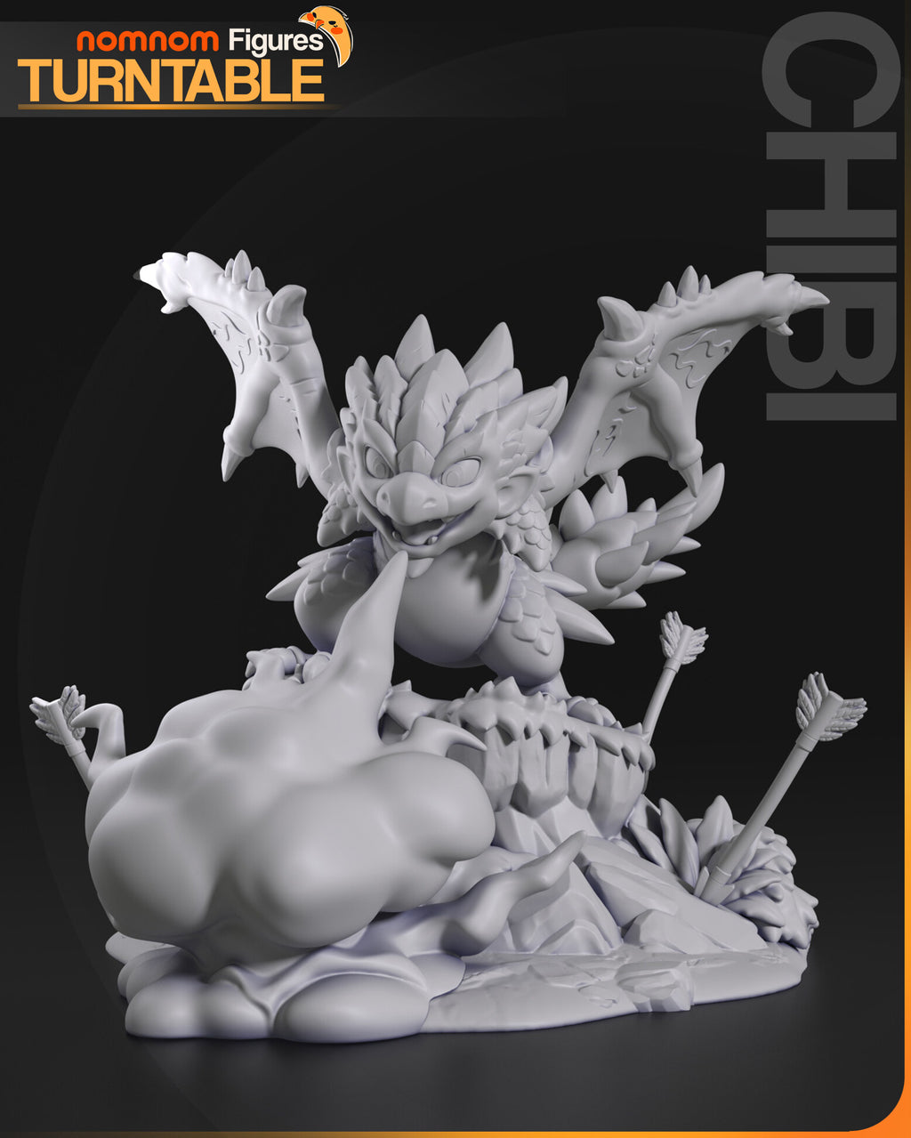 Sculptor's render (kit ships unpainted): gray front view of the whole piece with all three arrows