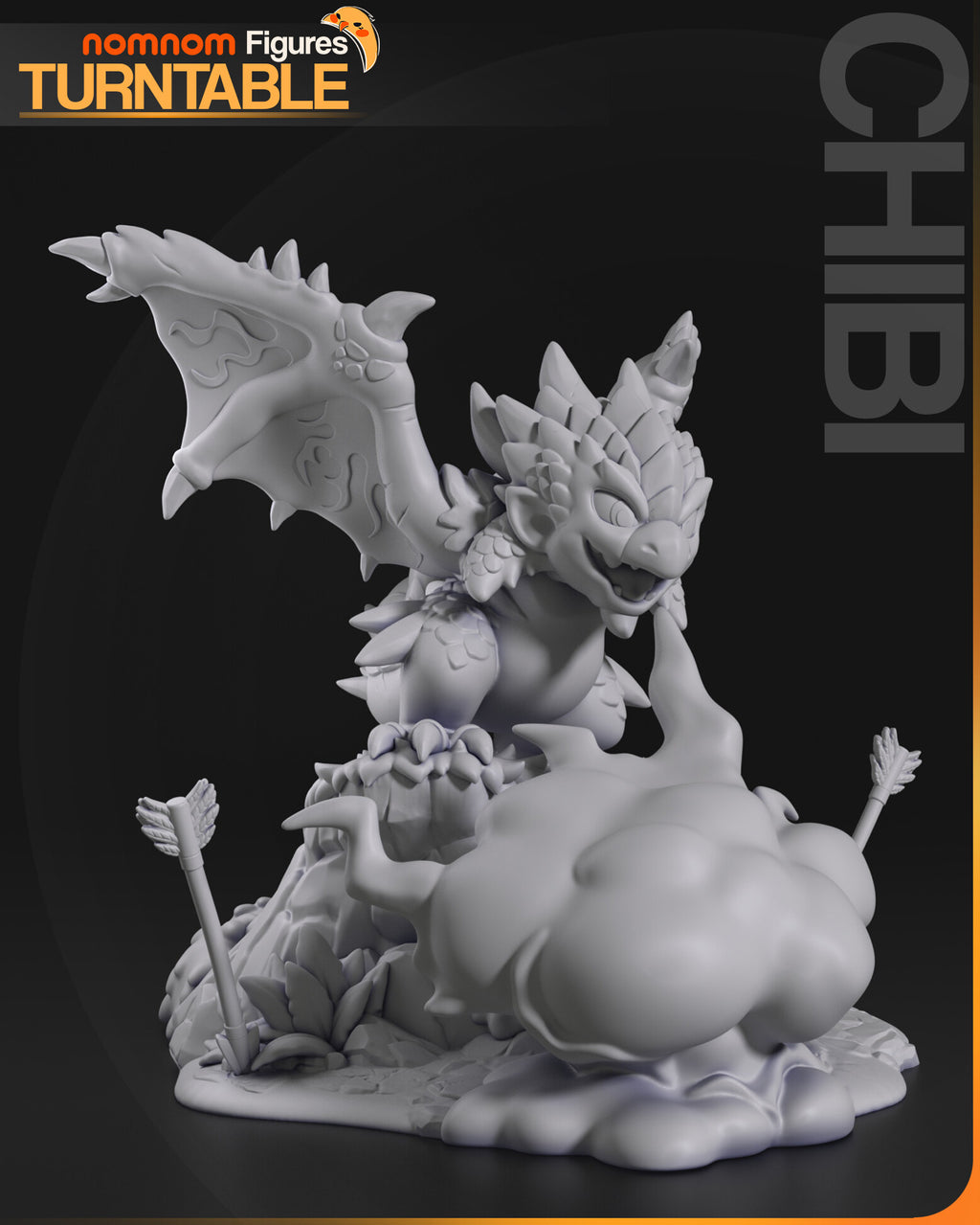 Sculptor's render (kit ships unpainted): gray view from his right side with one wing raised over the fire cloud