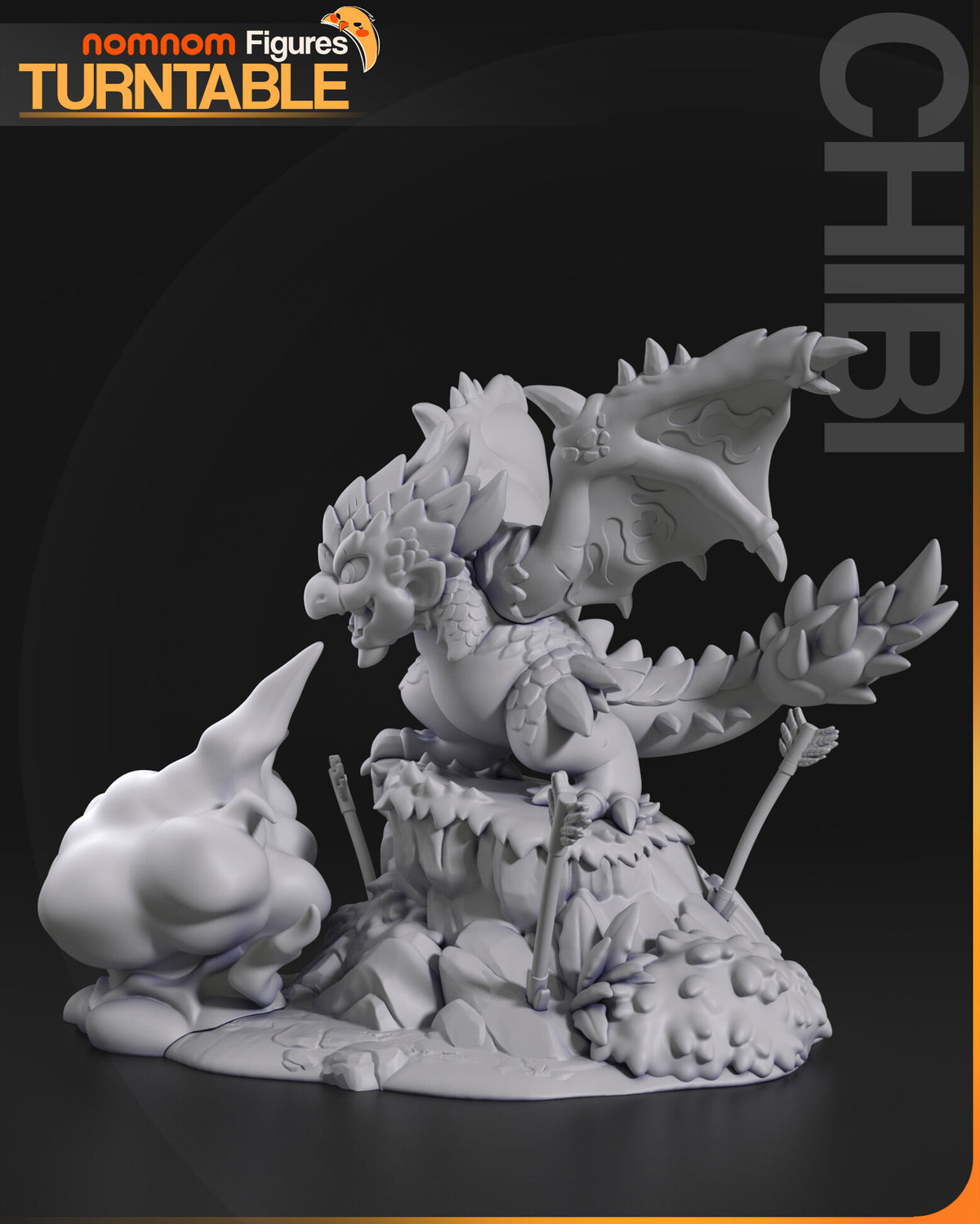 Sculptor's render (kit ships unpainted): gray rear three-quarter view of the spiked tail, the back and the rock pillar