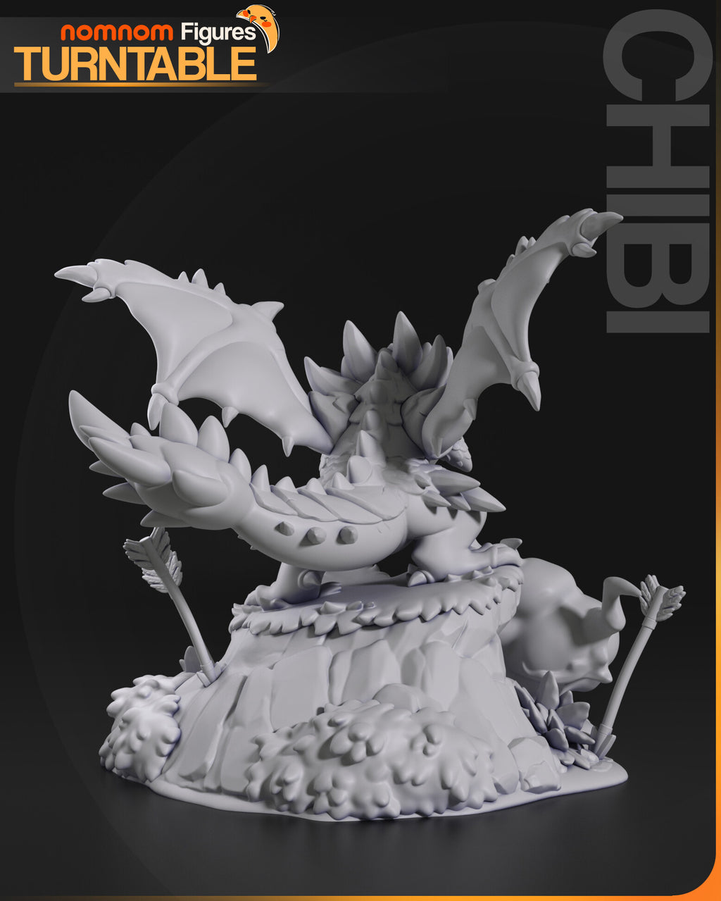 Sculptor's render (kit ships unpainted): gray rear view with both wings raised, the tail club and the bushes at the back of the base