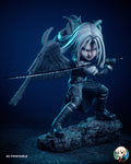 Sculptor's render of the painted design (kit ships unpainted): three-quarter front view of the silver-haired chibi swordsman crouched on the rock base, long katana level across his chest and one black wing spread