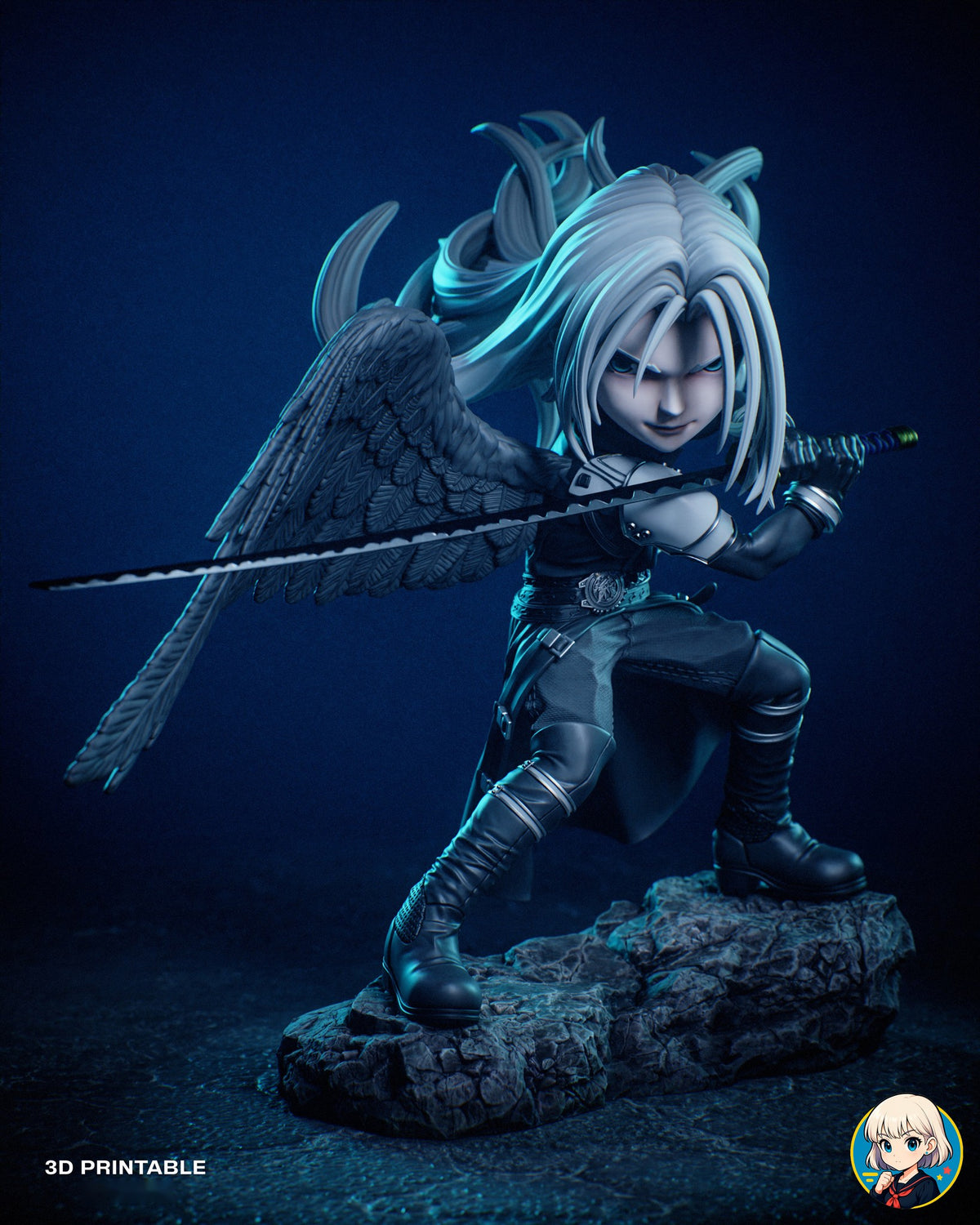 Sculptor's render of the painted design (kit ships unpainted): three-quarter front view of the silver-haired chibi swordsman crouched on the rock base, long katana level across his chest and one black wing spread