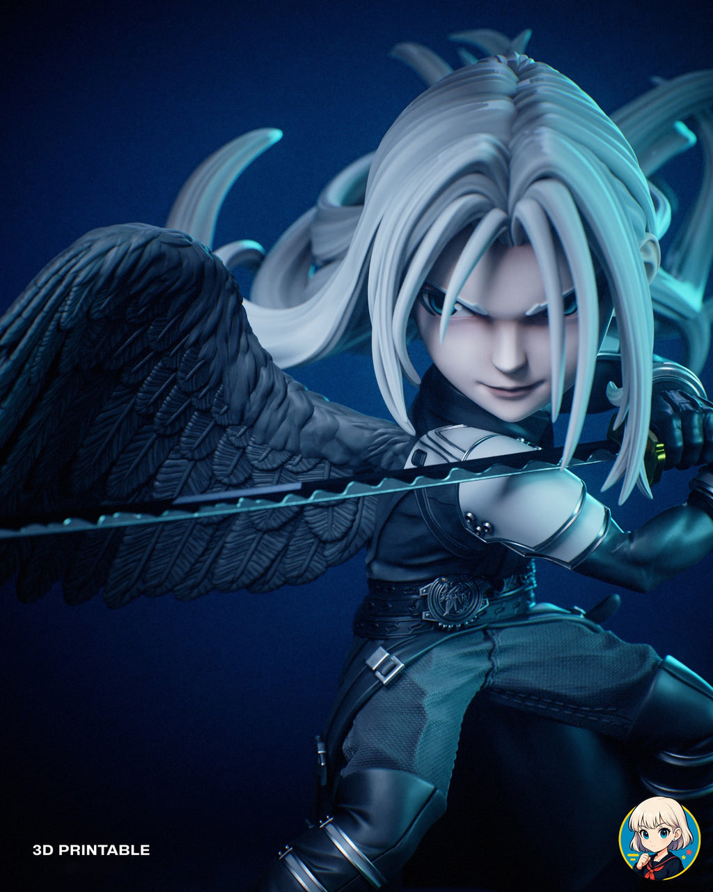 Sculptor's render (kit ships unpainted): closer view from the hips up with the katana crossing in front of the feathered wing