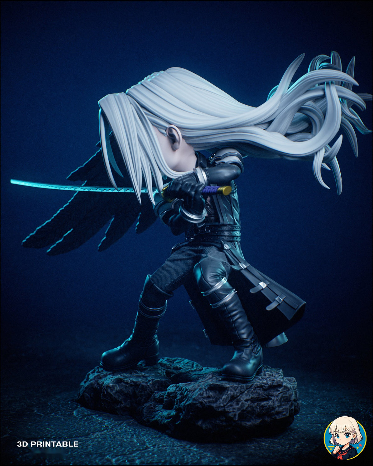 Sculptor's render (kit ships unpainted): side view with both hands on the wrapped hilt and the long hair streaming far behind him
