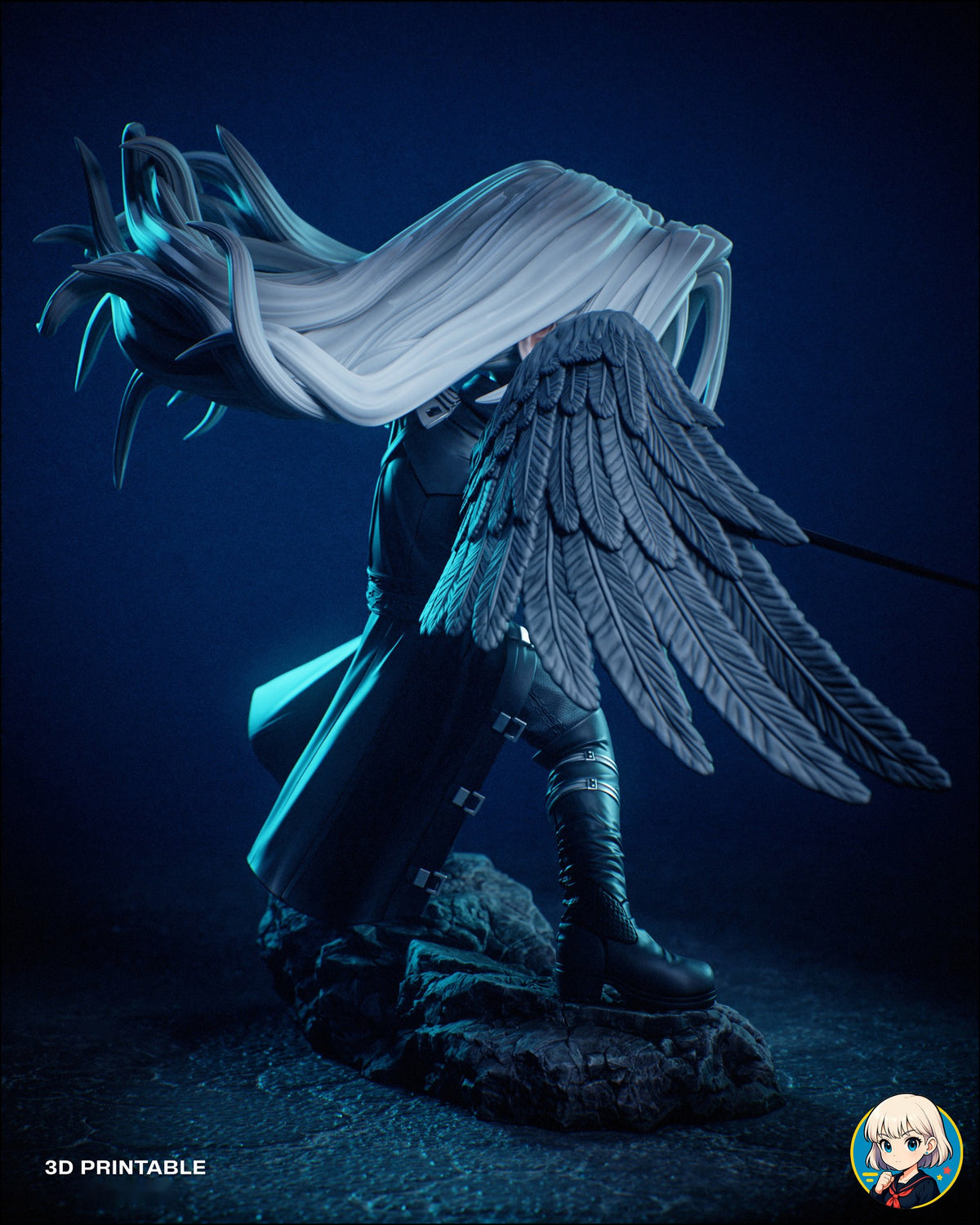 Sculptor's render (kit ships unpainted): rear view with the hair sweeping to one side and the wing angled down beside the coat