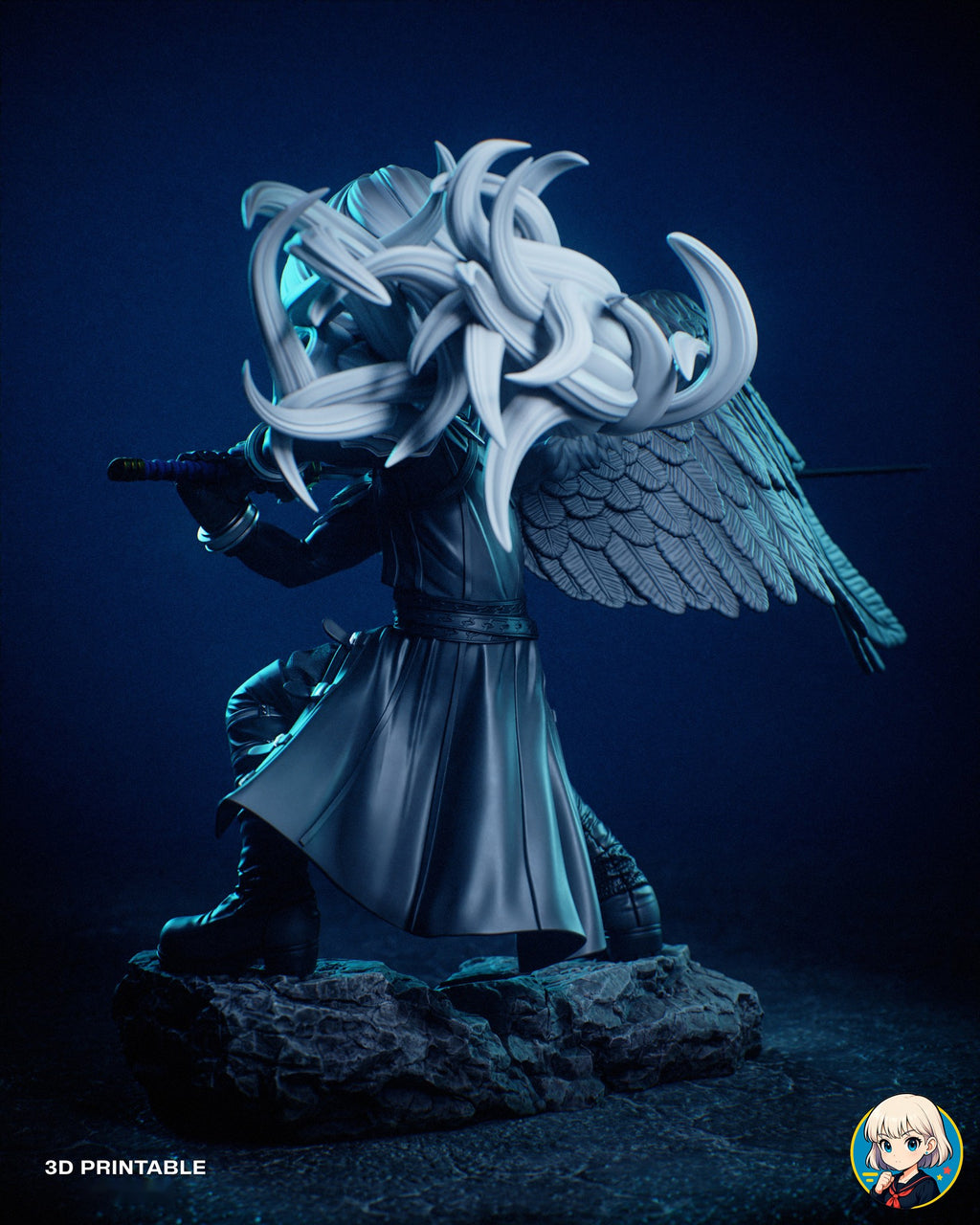 Sculptor's render (kit ships unpainted): straight back view of the long coat and the hair ending in hooked tips